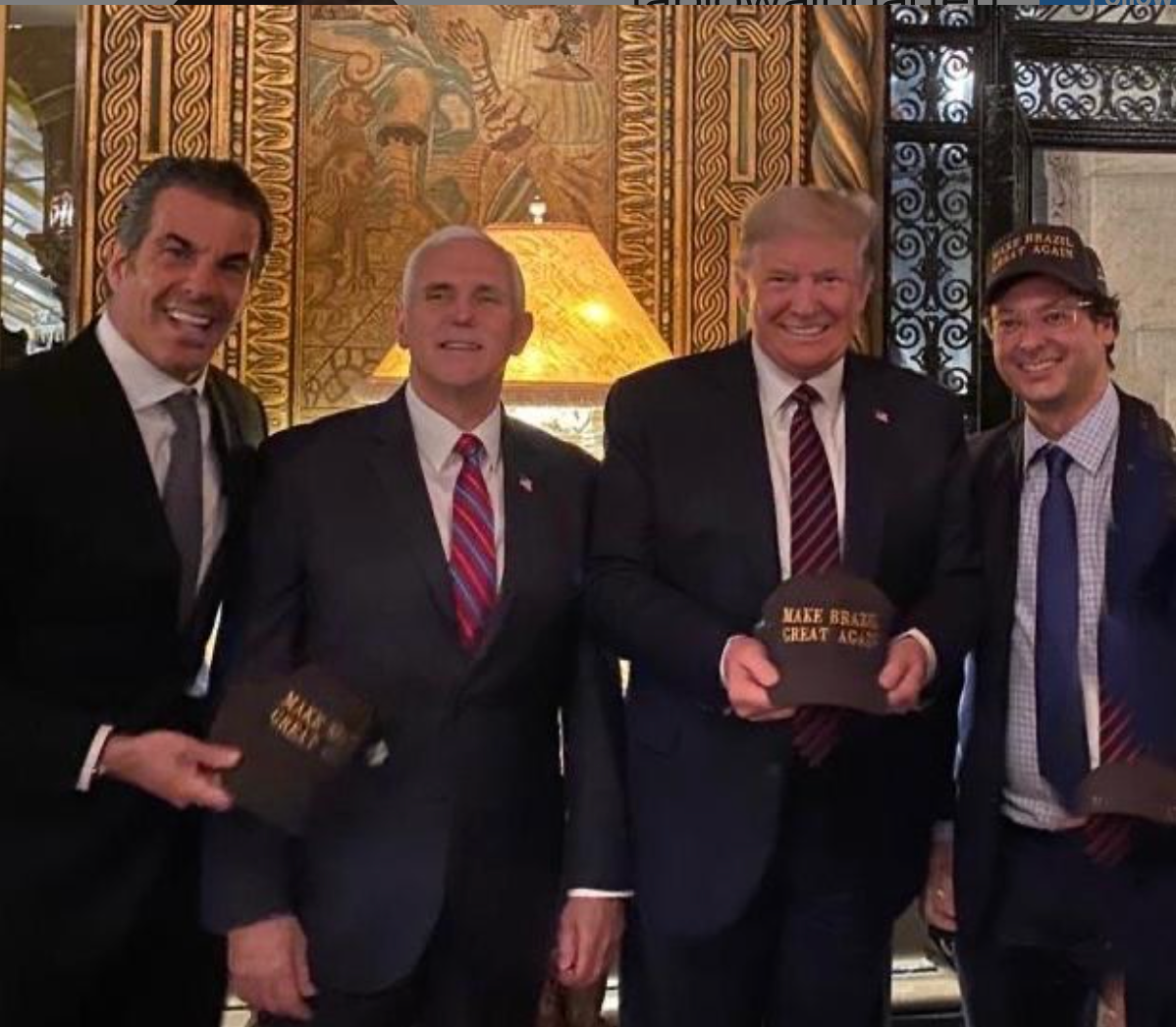 The Brazilian press secretary (pictured far right) has tested positive for the coronavirus after meeting with President Donald Trump