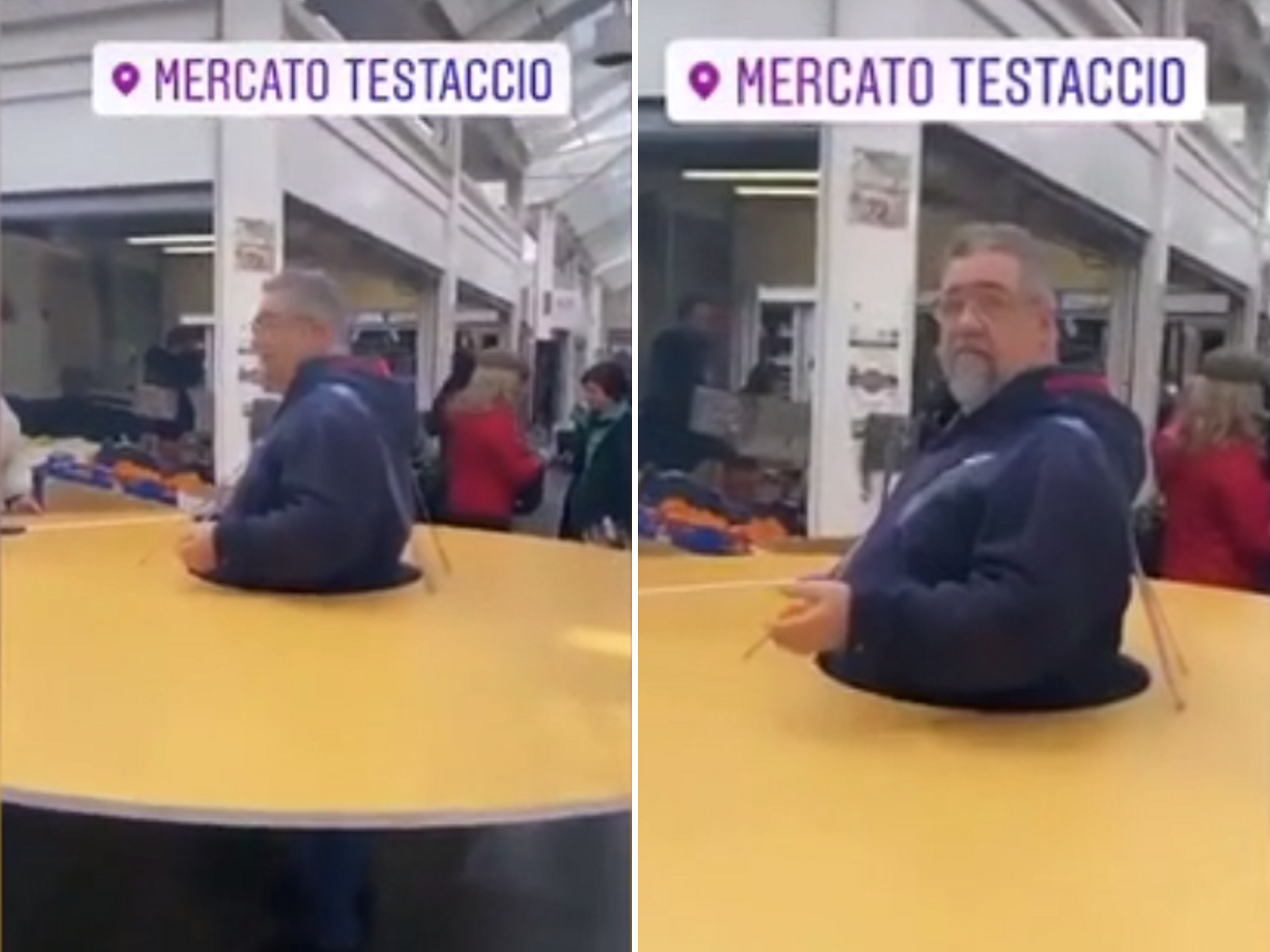 Screen grab from video of a man using a giant circle around his waist as a social distancing measure at Testacco market in Rome, Italy.