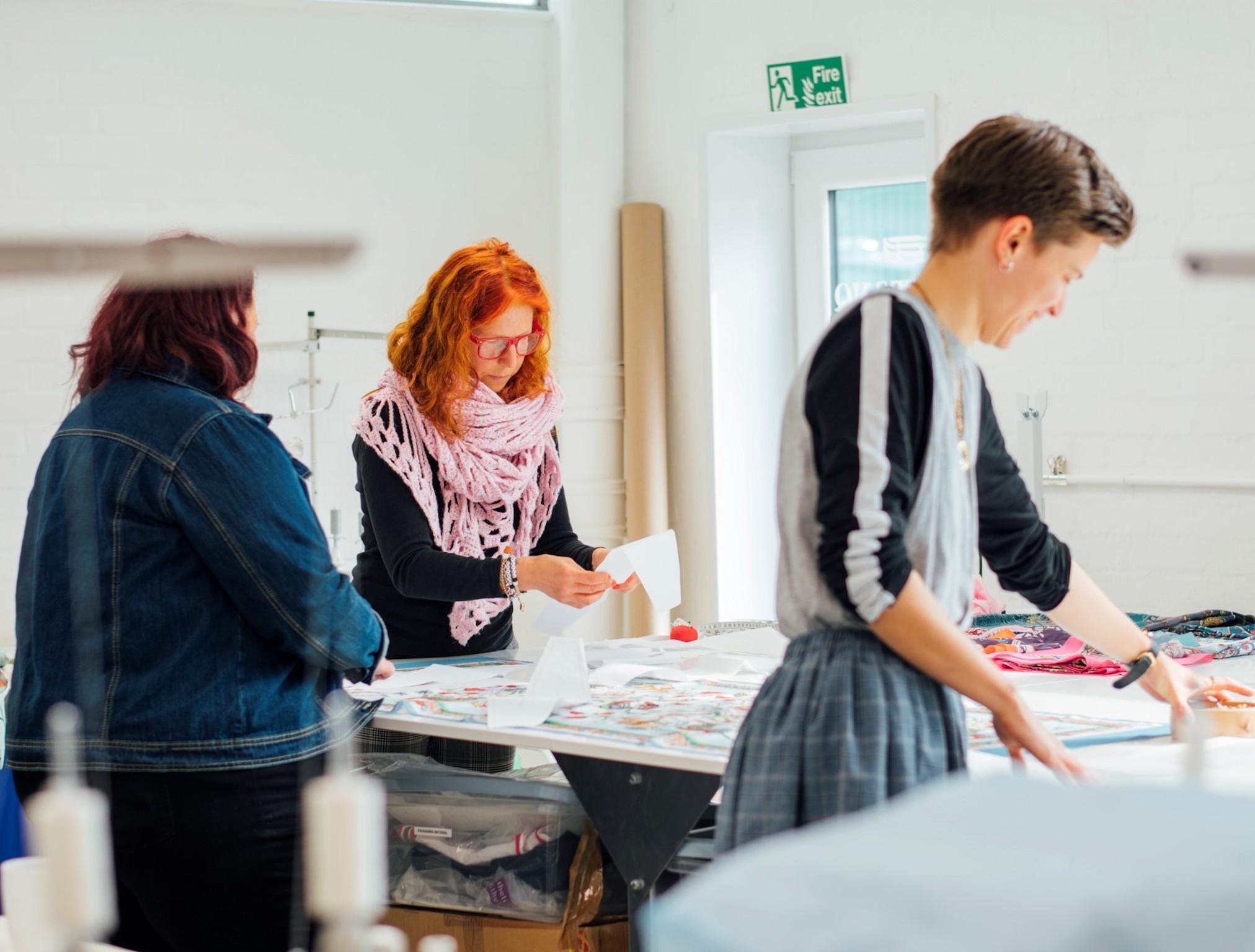 Devon Griffin, Stina Kallgren and Millie Kelly working at Makers HQ, a sampling studio in Plymouth