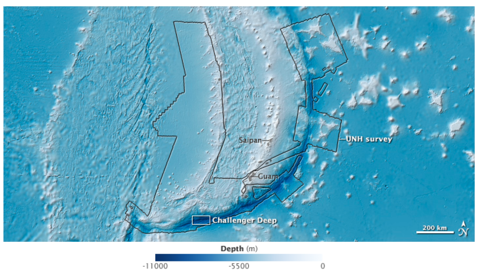 The trench is 2,550 kilometres long, but only 69 kilometres wide (Jesse Allen/University of New Hampshire Centre for Coastal and Ocean Mapping/NOAA Joint Hydrographic Centre)