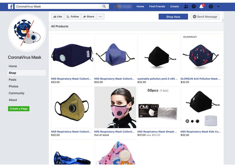 One Facebook page called 'Coronavirus Mask' offered a range of face masks at inflated prices