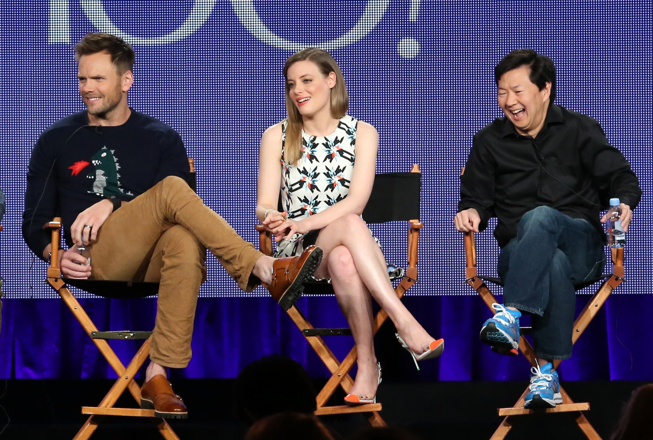 Joel McHale, Gillian Jacobs and Ken Jeong speak onstage during the Community panel as part of the 2015 Winter Television Critics Association press tour