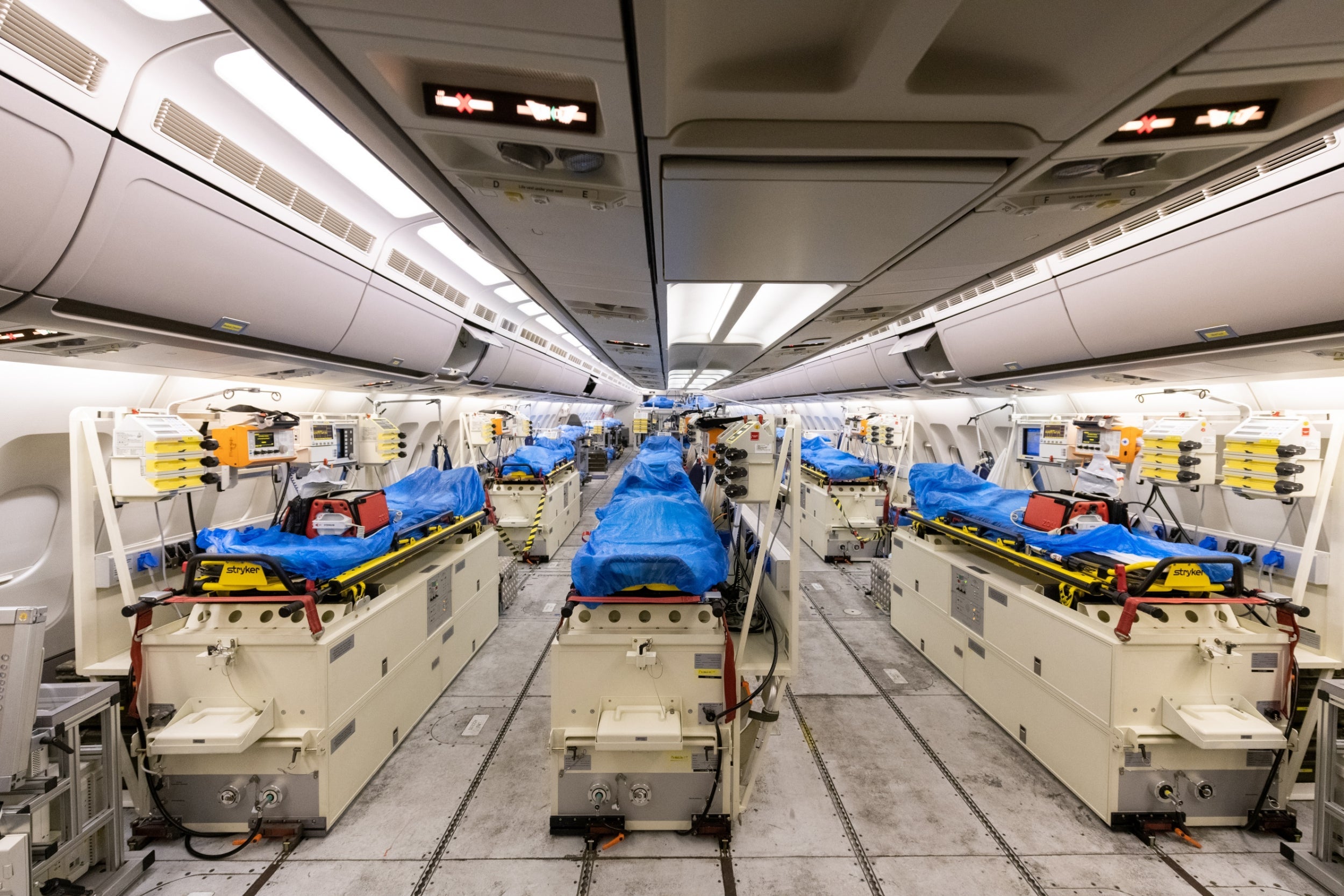 Inside of a Airbus A-310 ‘Medivac’ before its departure to Germany from Italy’s Bergamo