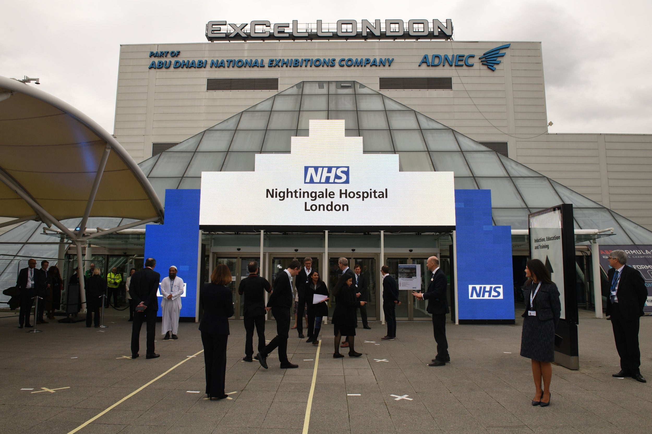 NHS staff gather ahead of the opening of the new Nightingale hospital at the ExCel centre in London.