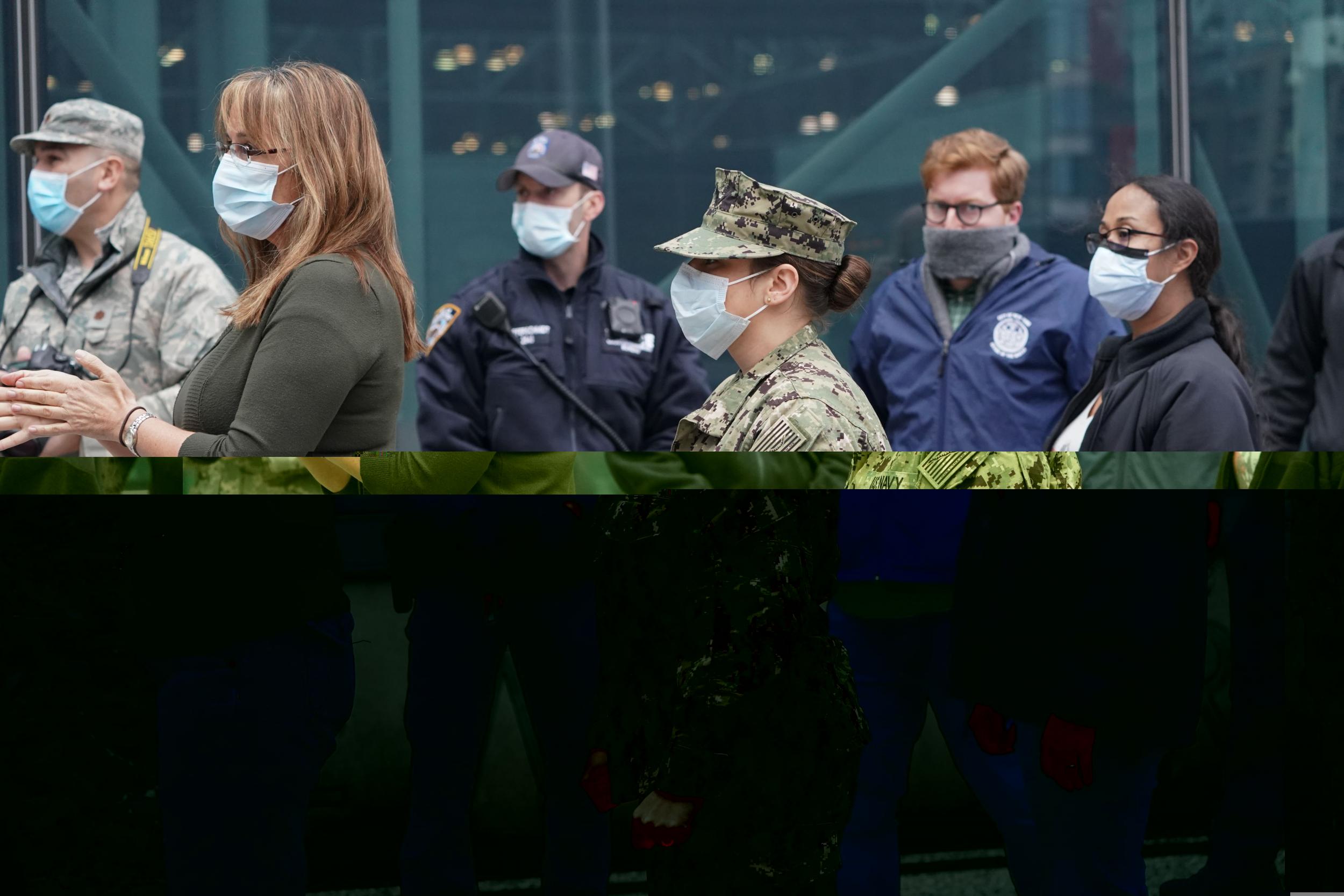 Army and medical personnel listen to NYC Mayor Bill de Blasio welcoming volunteers from across the country joining the USA Army’s 44th Medical Brigade at the Jacob K Javits Center