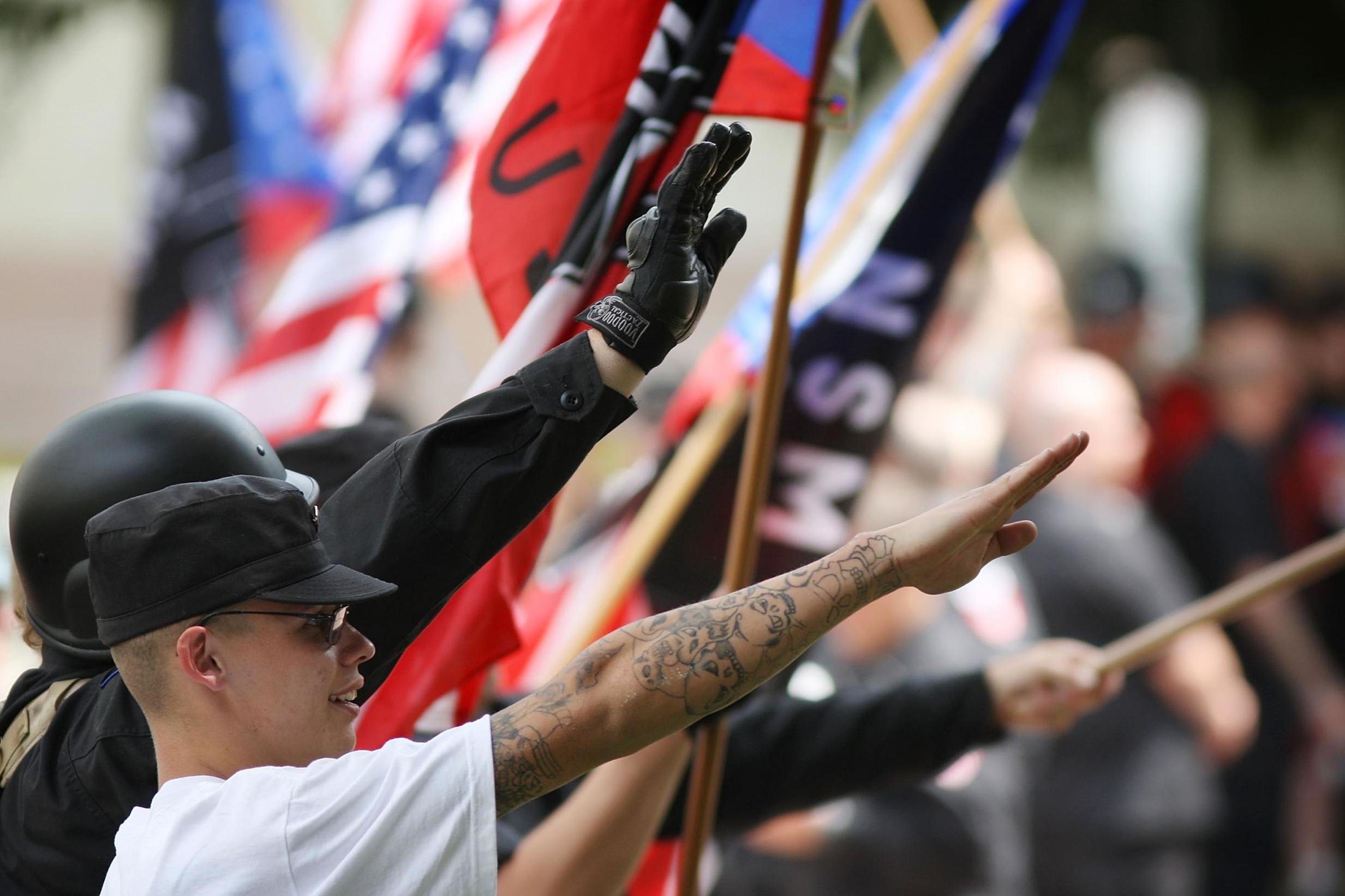 Members of the National Socialist Movement rally near City Hall in Los Angeles