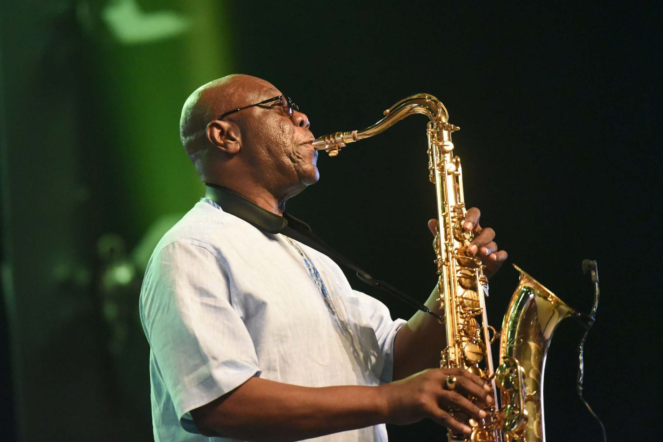 Manu Dibango performing at the Ivory Hotel Abidjan, Cote d’Ivoire, in 2018