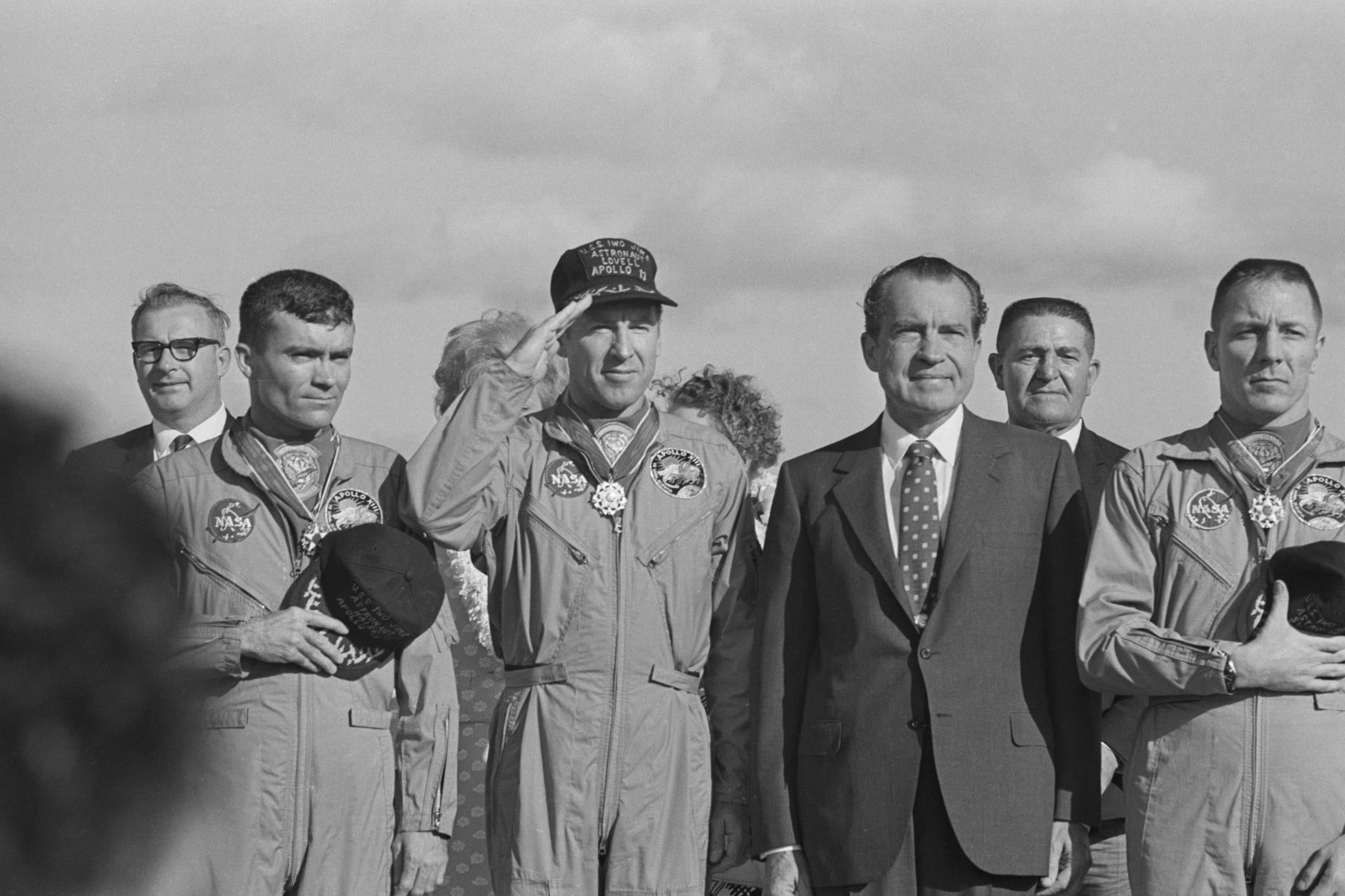 Nixon greets the Apollo 13 astronauts in Honolulu, Hawaii, after their safe return to Earth (Getty)
