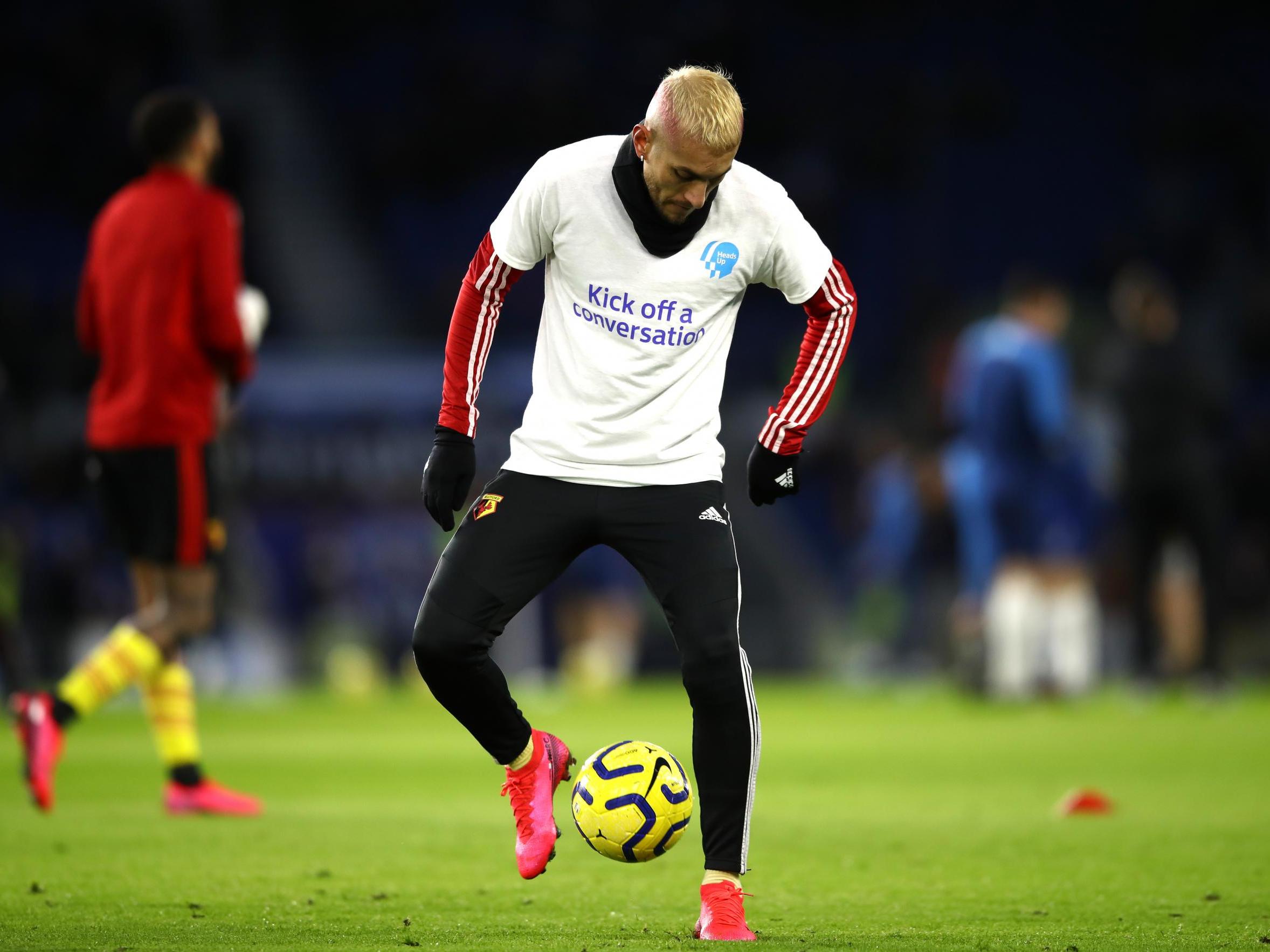 Watford’s Roberto Pereyra wears a ‘Heads Up’ shirt raising awareness around mental health