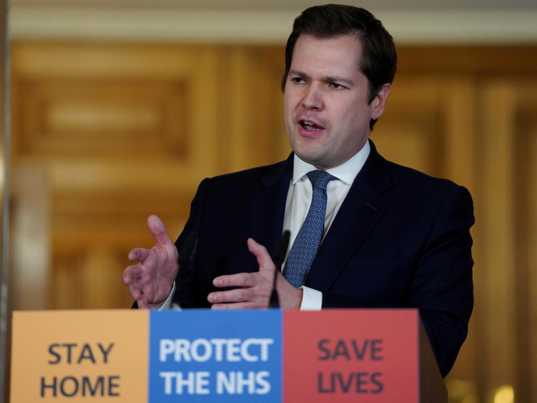 Britain's Housing Secretary Robert Jenrick holds a coronavirus disease (COVID-19) digital news conference in March 2019