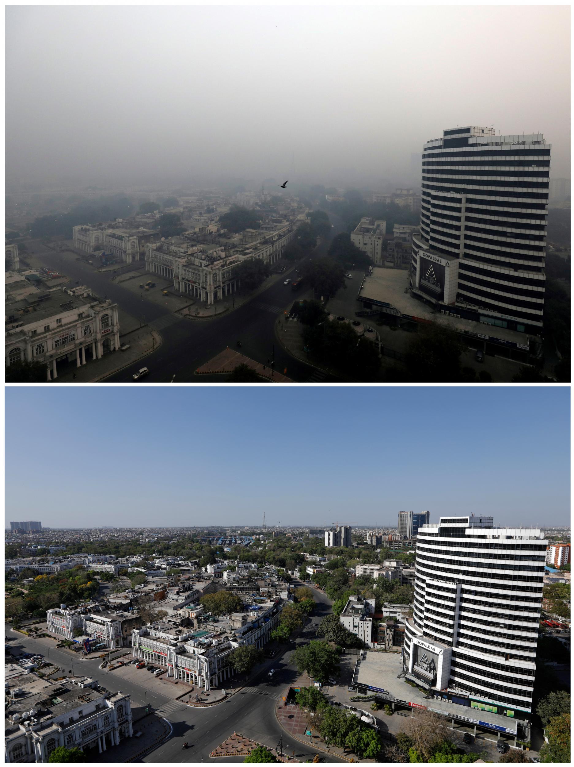 Buildings can be seen before and after the effects of lockdown on Indian air pollution