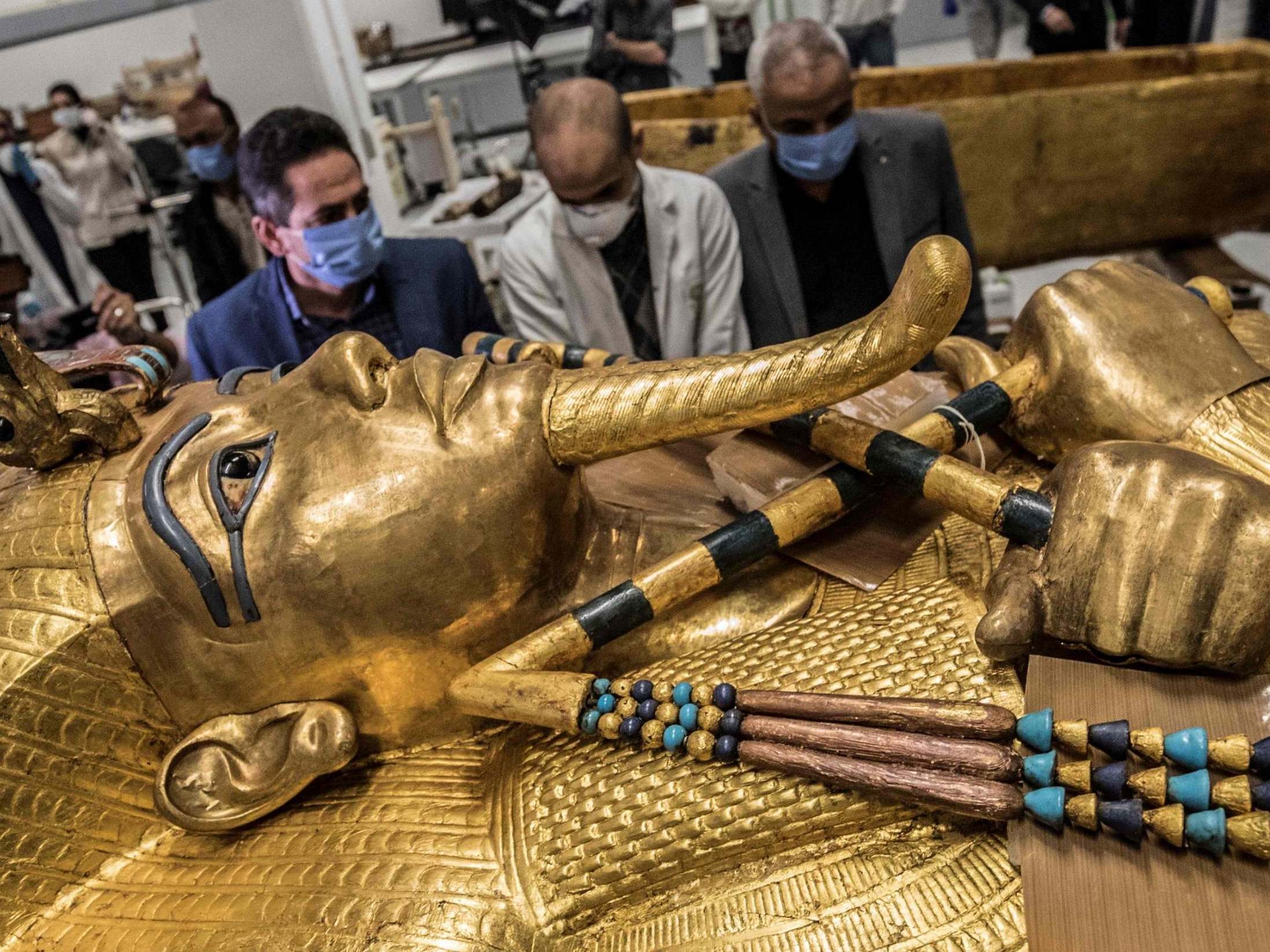 The golden sarcophagus of Tutankhamun at the Grand Egyptian Museum in Giza