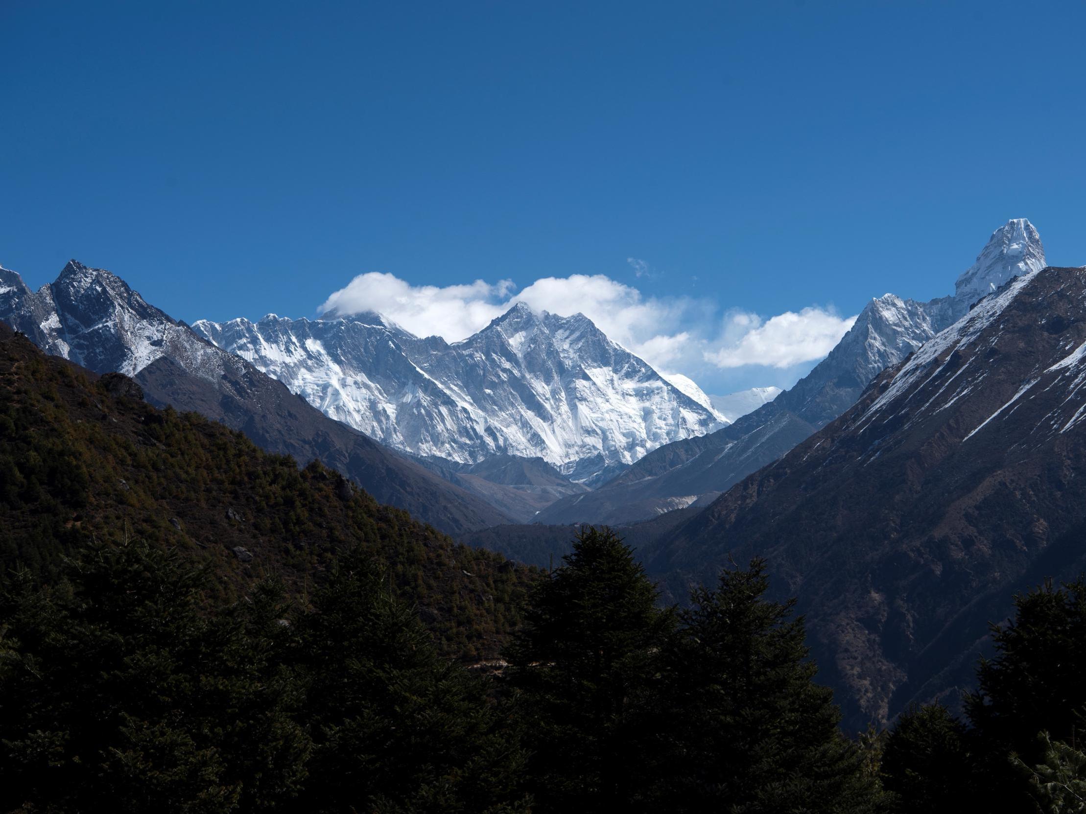 Mount Everest (centre left) and other peaks from Namche Bazaar