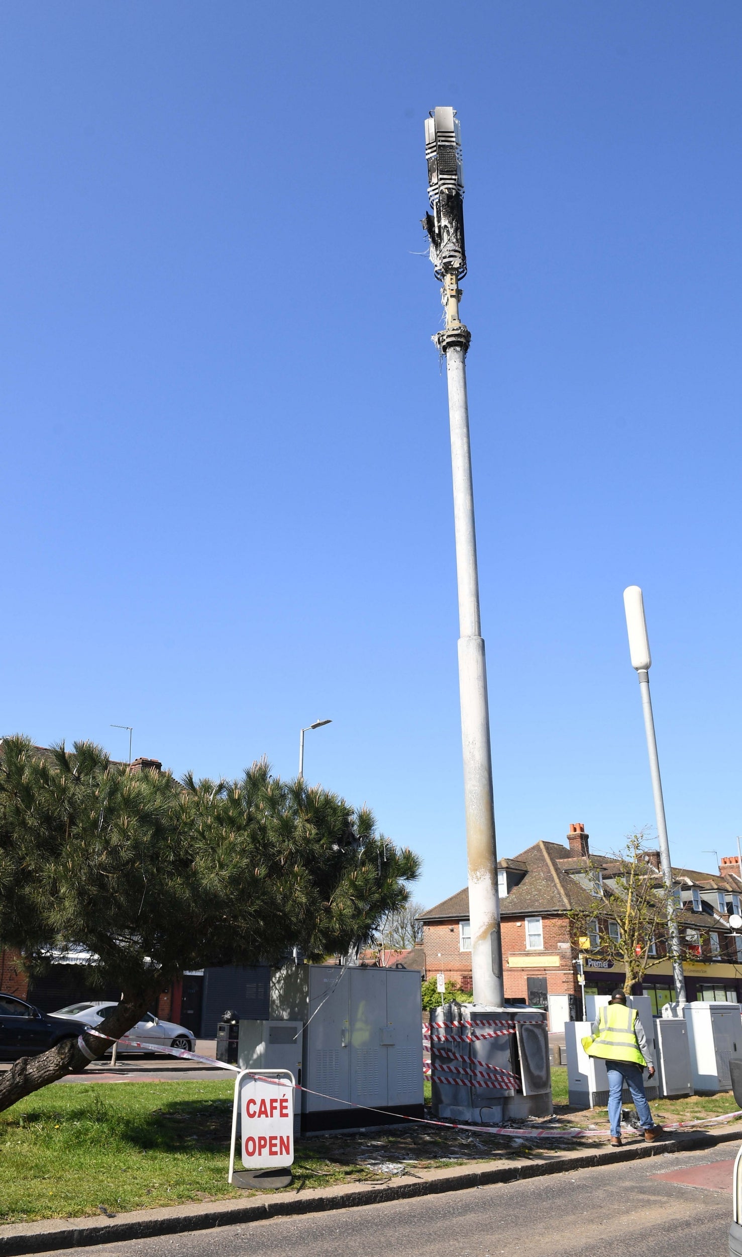 A telecoms mast on Becontree Avenue in Dagenham after a fire. Three teenagers have been arrested in connection with the incident