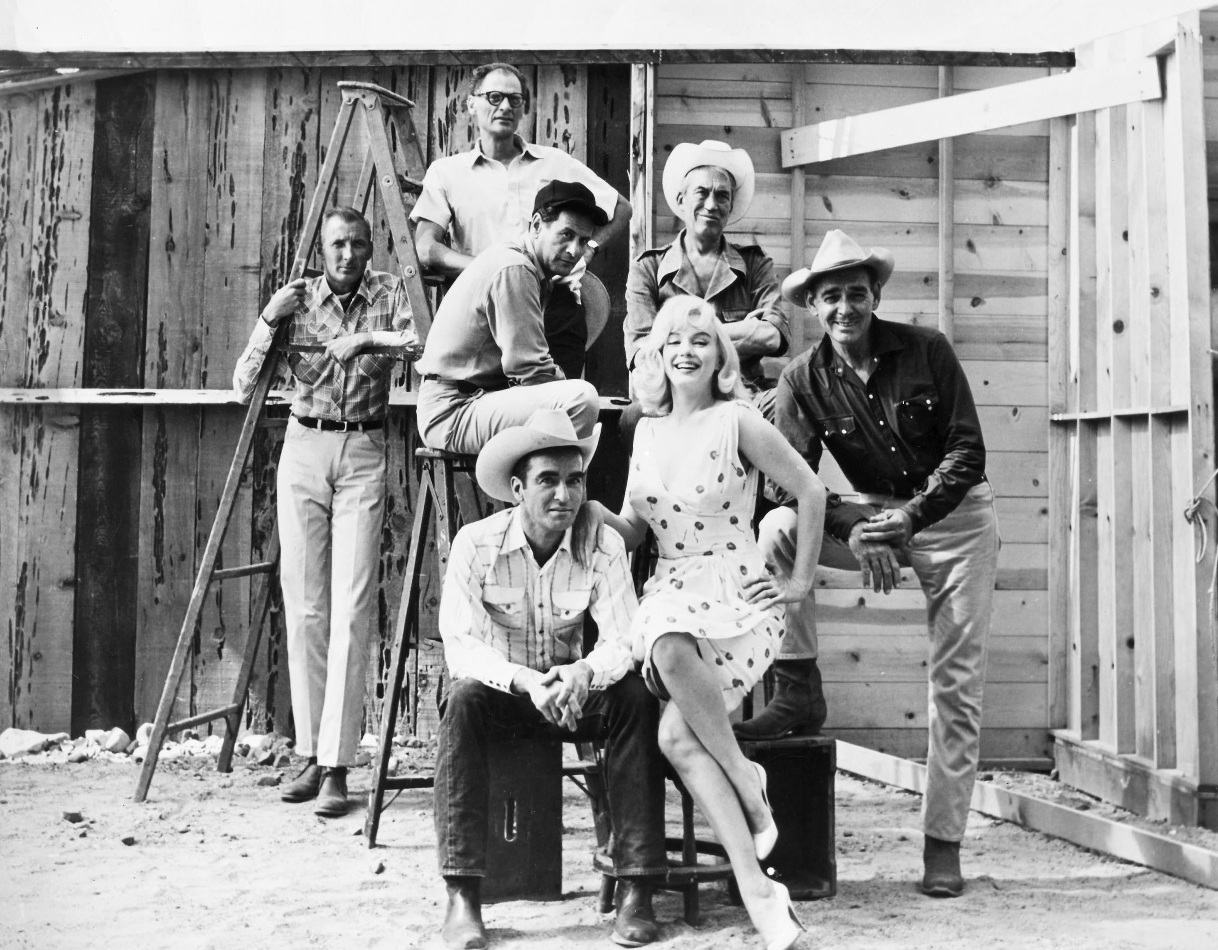 Miller, producer Frank Taylor, Eli Wallach, John Huston, Montgomery Clift, Monroe and Clark Gable on location while filming ‘The Misfits’ in Reno, Nevada, in 1960 (Rex)