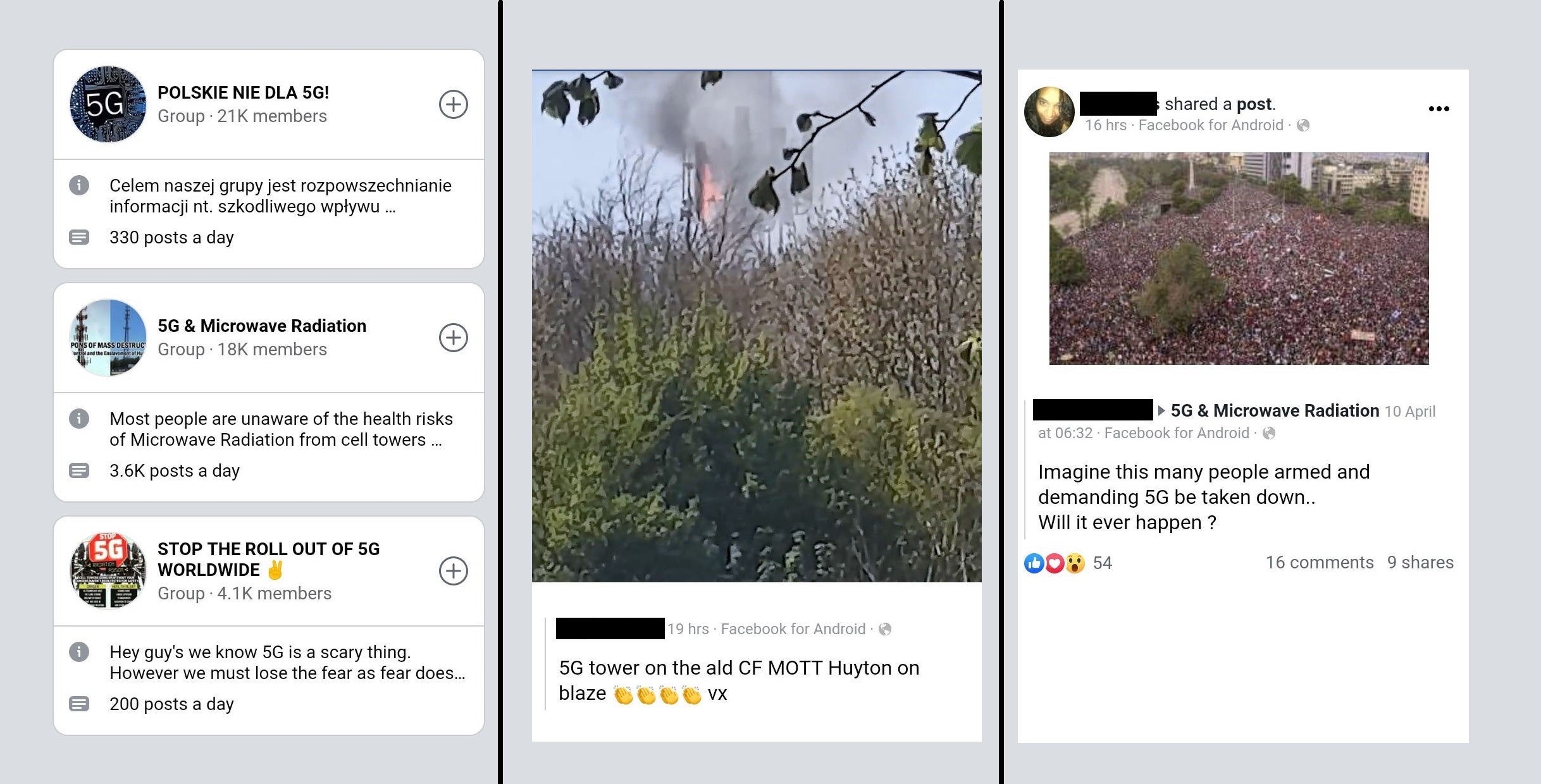 Popular Facebook groups spreading 5G conspiracy theories include posts applauding fires and calling for armed uprisings