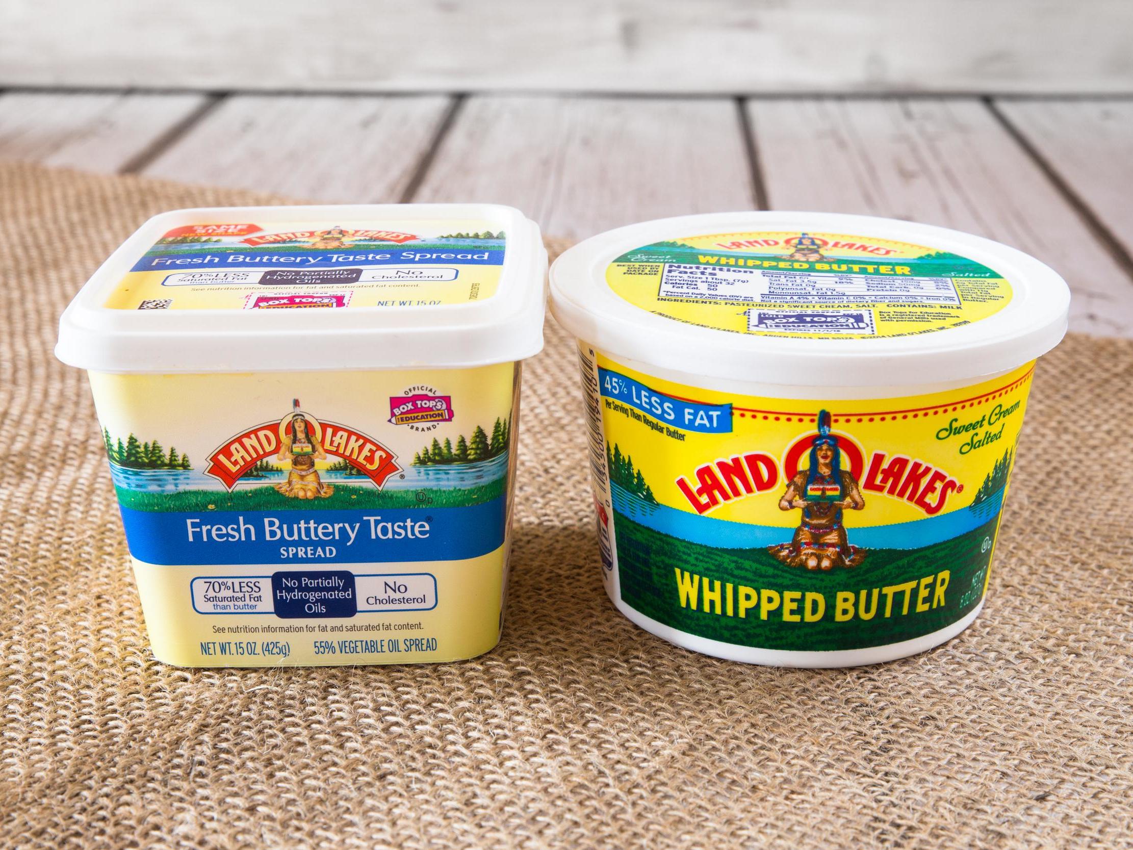 Two types of Land O'Lakes creamery butter with the original packaging