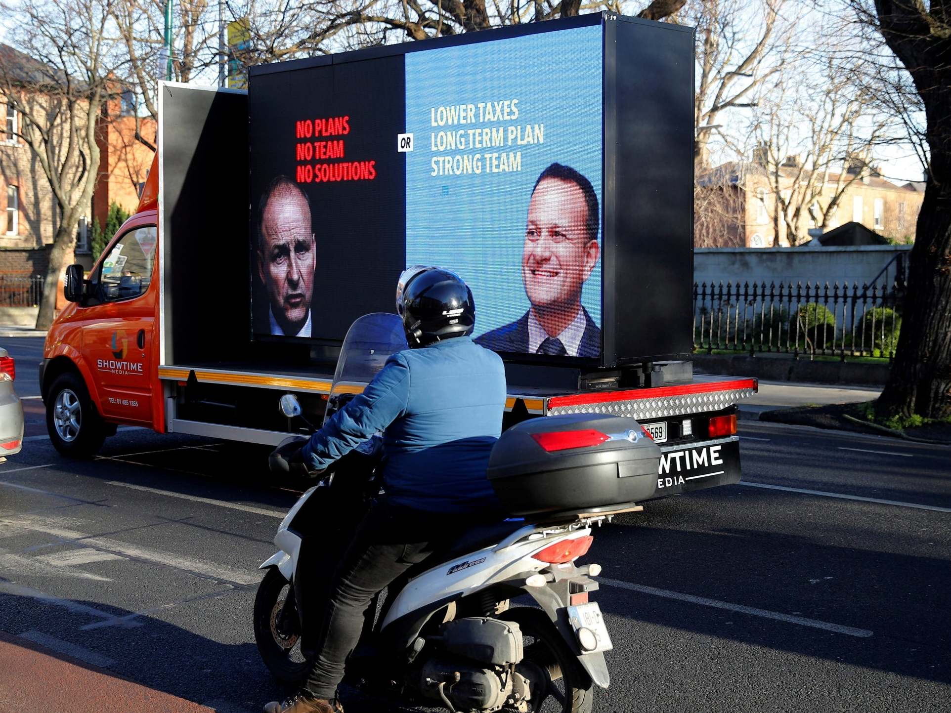 Lorry showing images of Fina Gael leader and current Irish Taoiseach