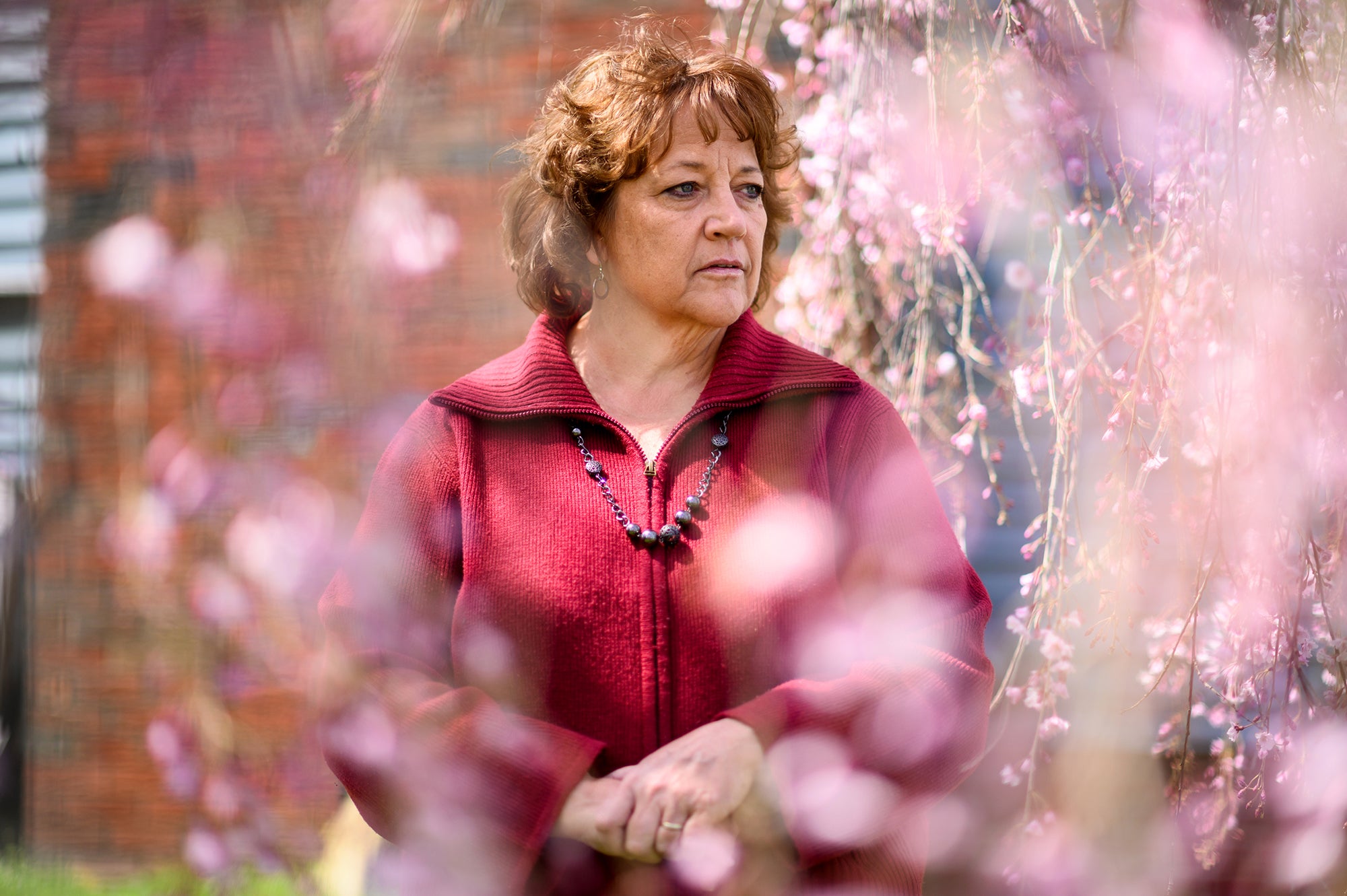 Connie Sluezkey outside her home in Monaca Pennsylvania in April 2020 (Justin Merriman/The Washington Post)