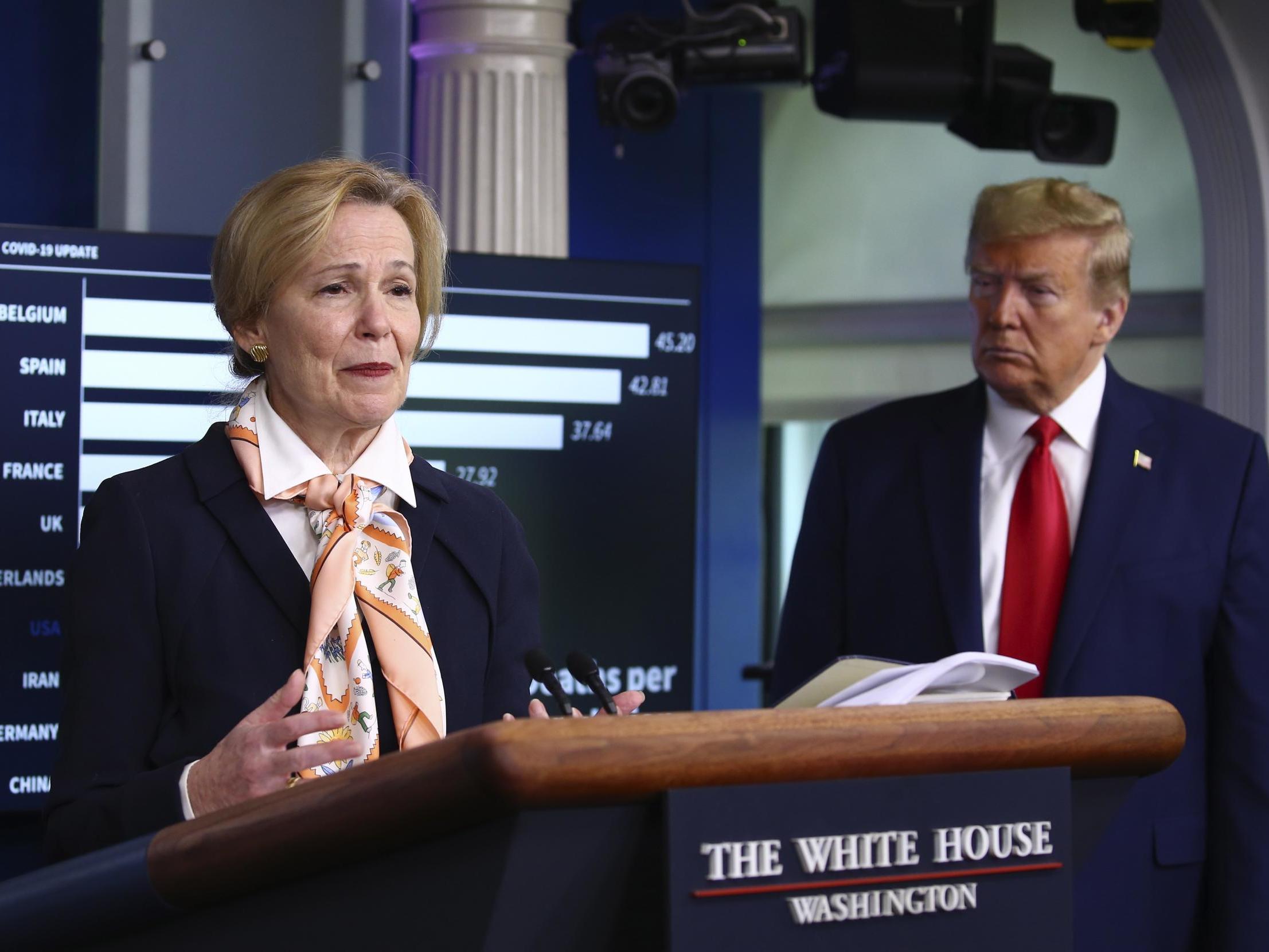 Dr Birx addresses reporters at the White House on Saturday, flanked by Donald Trump