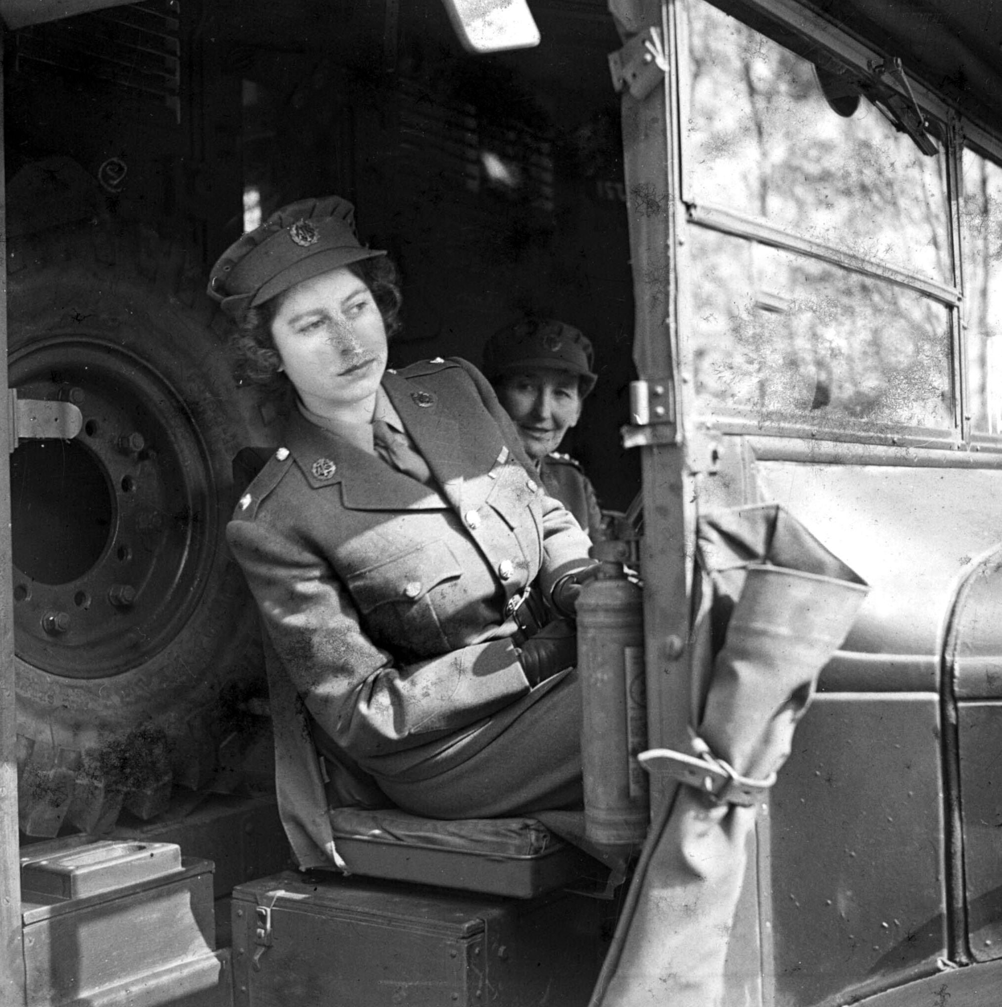 Princess Elizabeth at the wheel of an ambulance