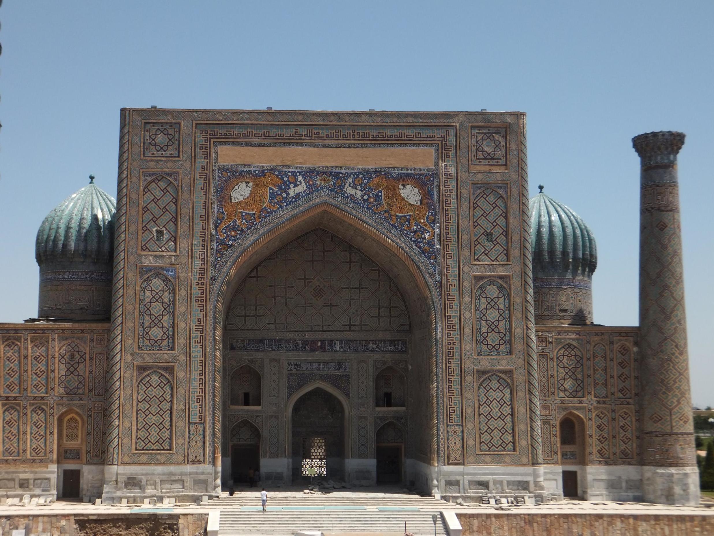 The tiger mosaics on the 17th-century Sher Dor madrassa in Samarkand