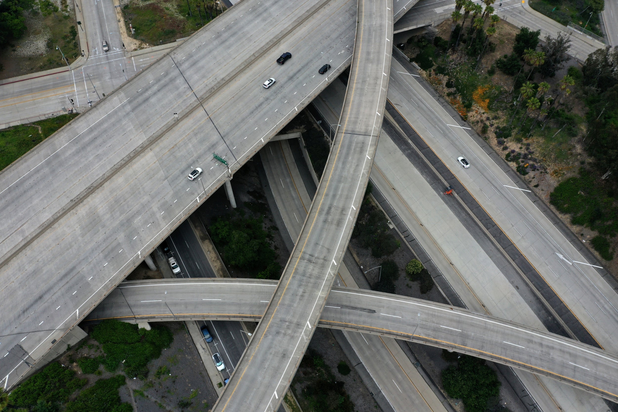 An almost empty freeway intersection in Los Angeles