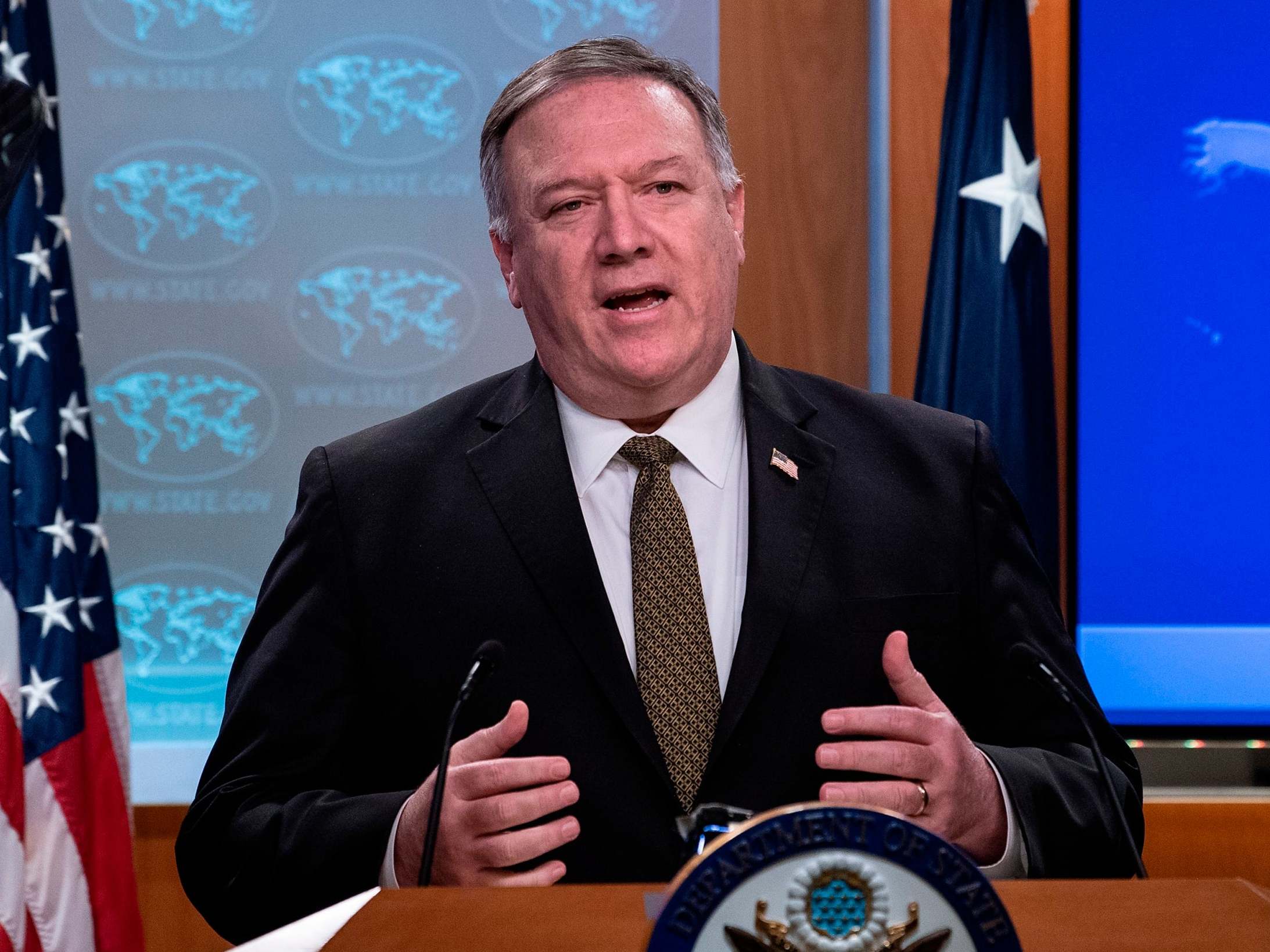 Pompeo speaks during a press briefing at the State Department, 22 April