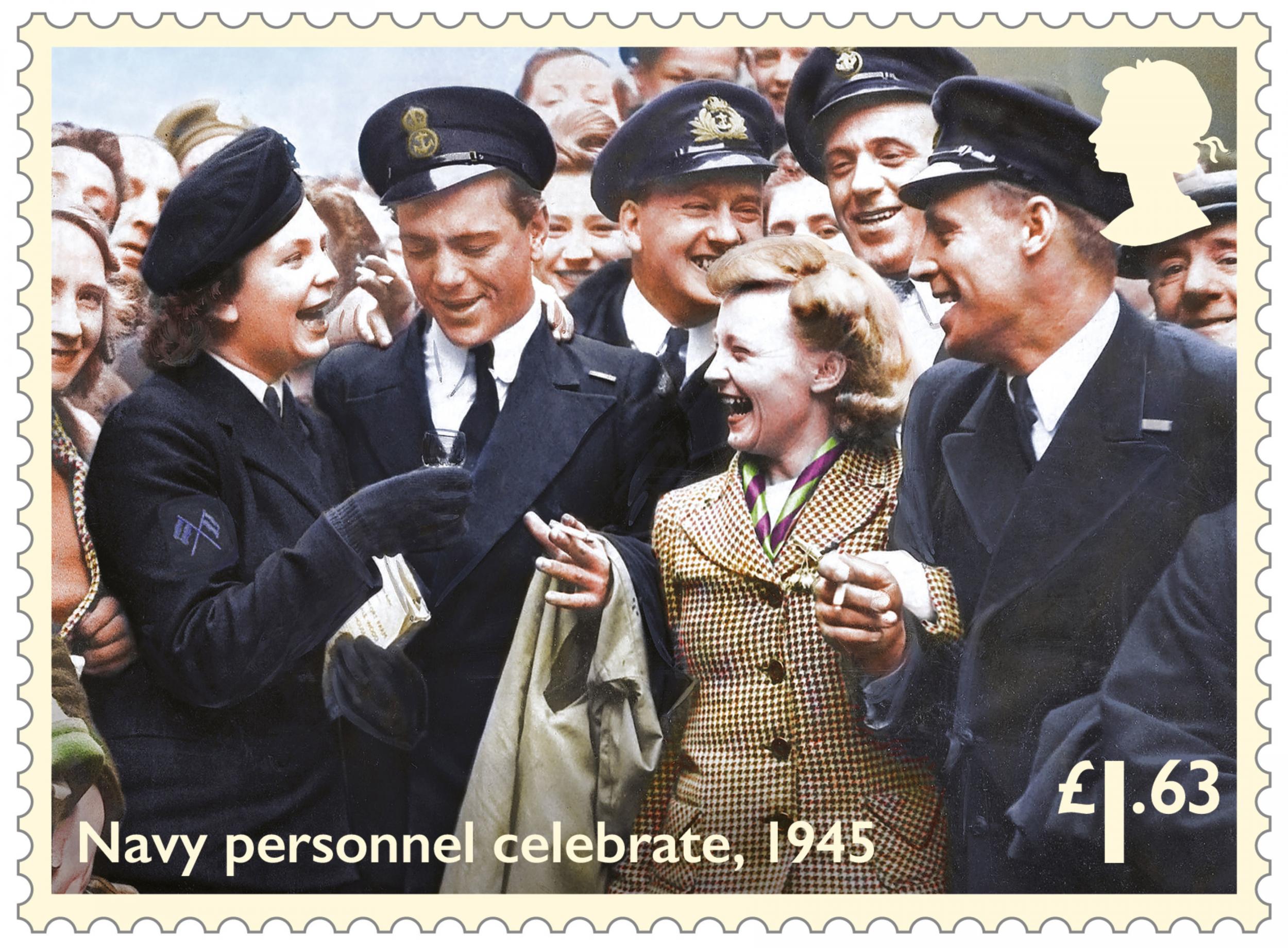 The collection of stamps depict scenes of celebration by service personnel and civilians as news of the conflict's end was announced