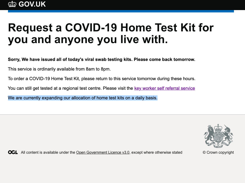 Message shows Friday's allocation of home test kits have been issued, 24 April 2020