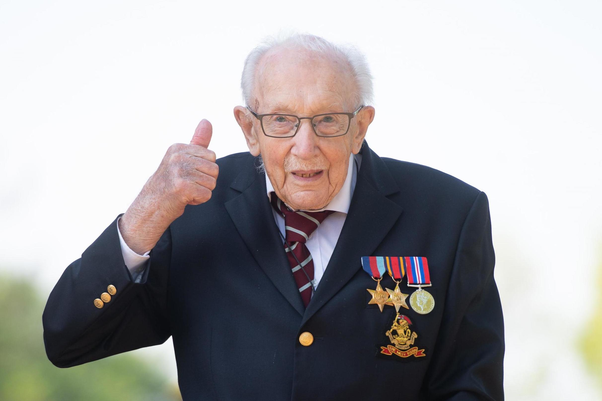 Captain Tom Moore at home in Bedfordshire after he achieved his goal of 100 laps of his garden.