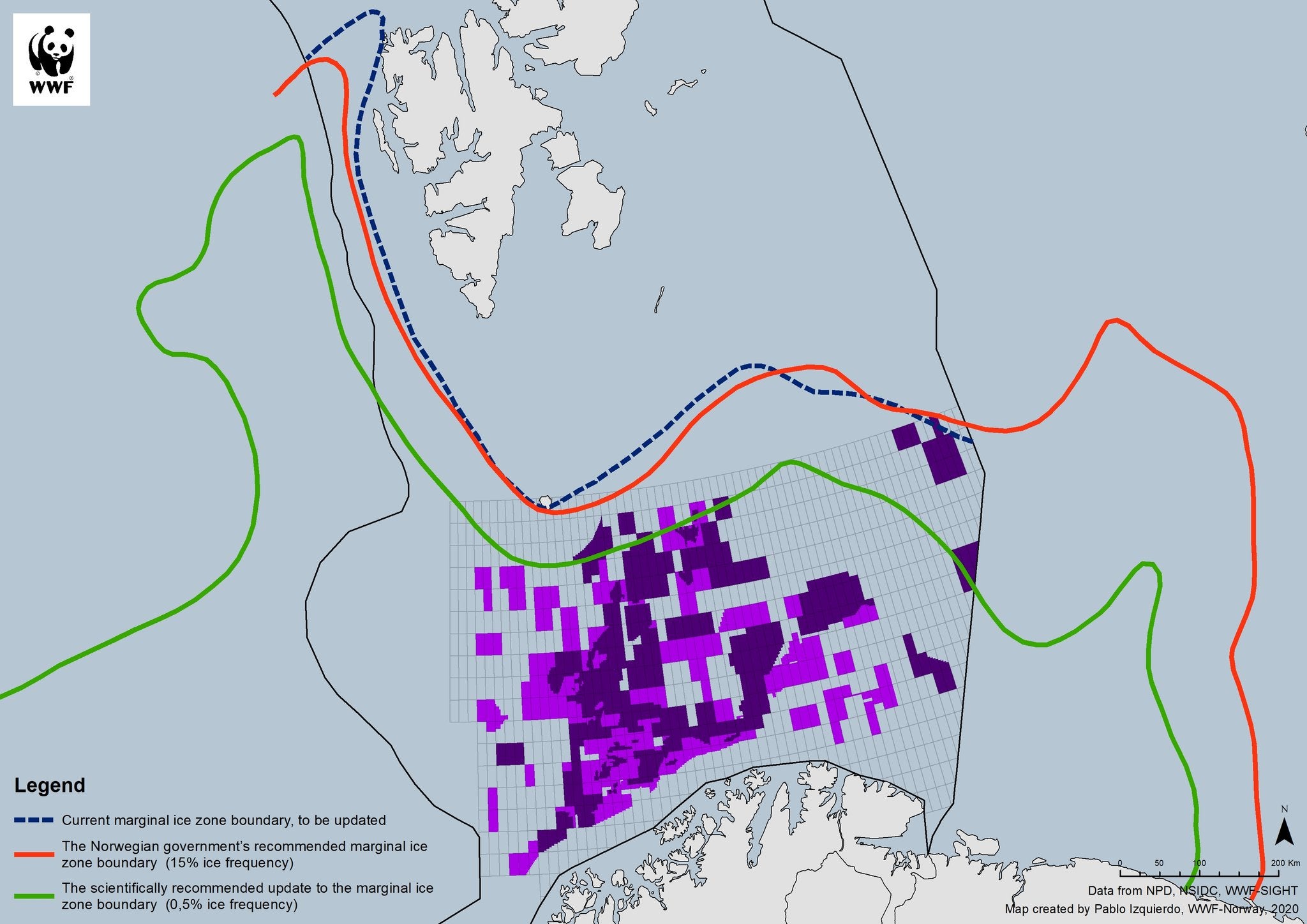 Graph shows current ice zone boundary (blue), government's proposal (red), and recommendation of scientists (green)