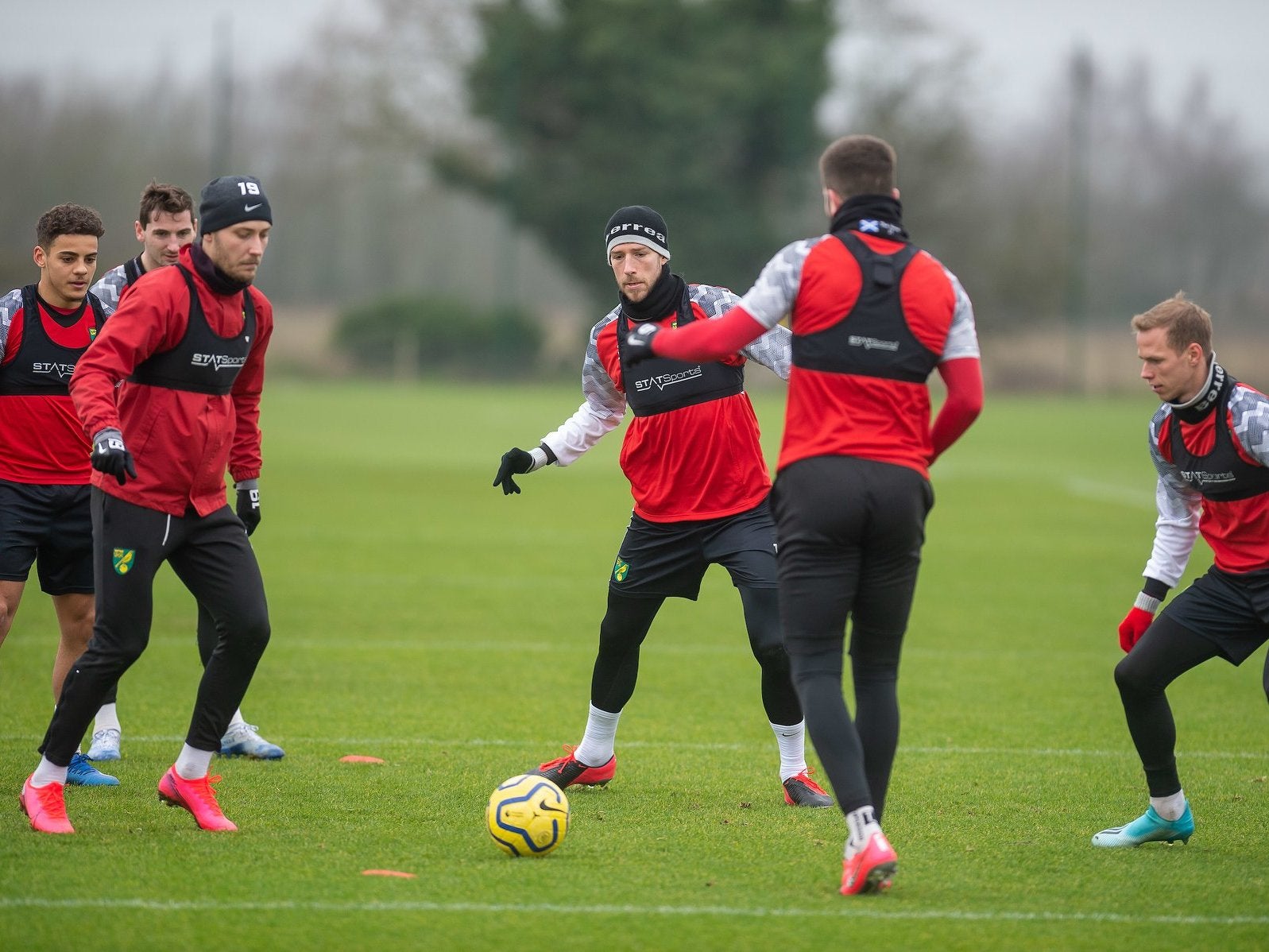 Norwich's first-team squad train with GPS vests