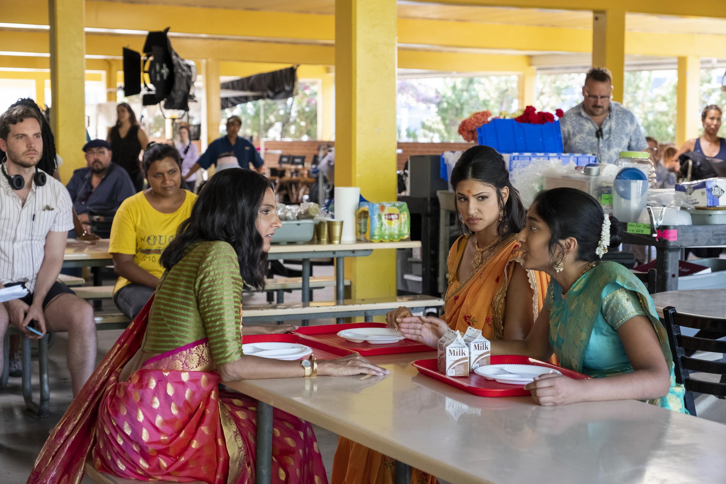 On set: back left, Mindy Kaling, front left, Poorna Jagannathan as Nalini, centre, Richa Moorjani as Kamala and right, Ramakrishnan as Devi