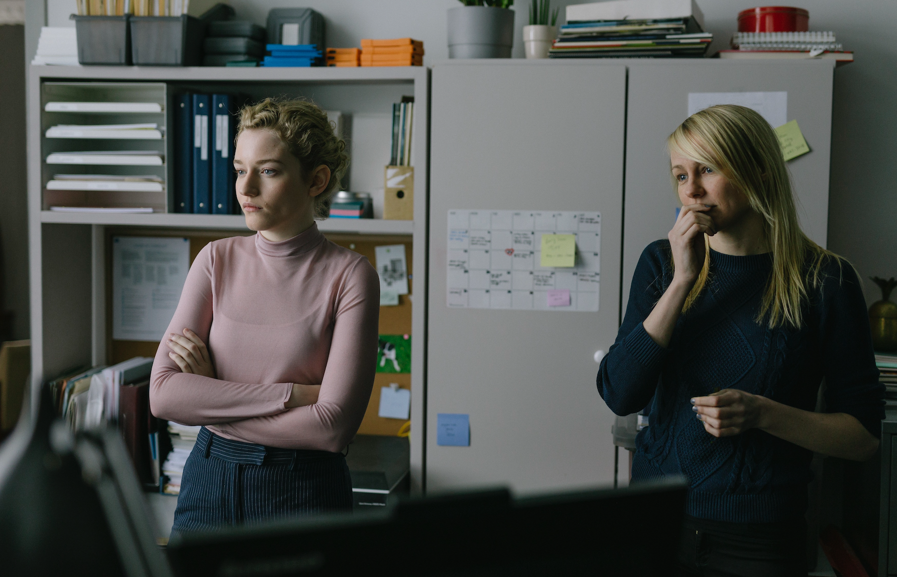 Julia Garner and Kitty Green on the set of The Assistant