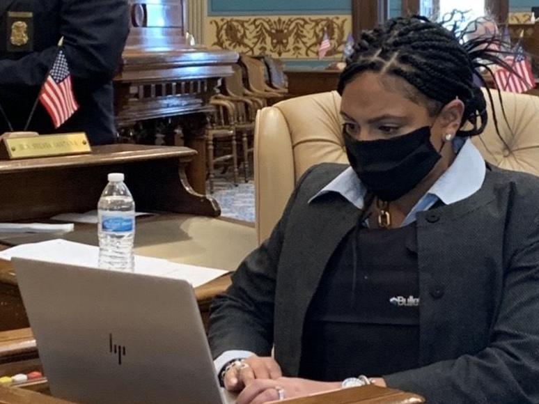 Senator Dayna Polehanki shared on Thursday some colleagues, like Senator Sylvia Santana (pictured), are wearing bulletproof vests to work as armed protesters storm the Michigan State Capitol