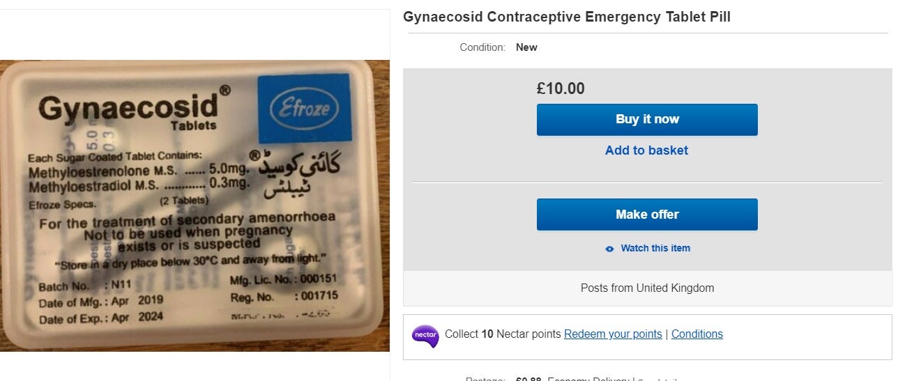 An unverified seller listing the morning after pill on eBay