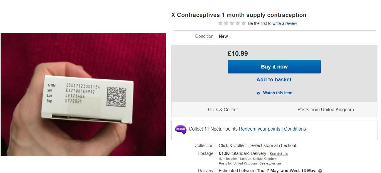 Contraceptive pill listed by unverified seller on eBay