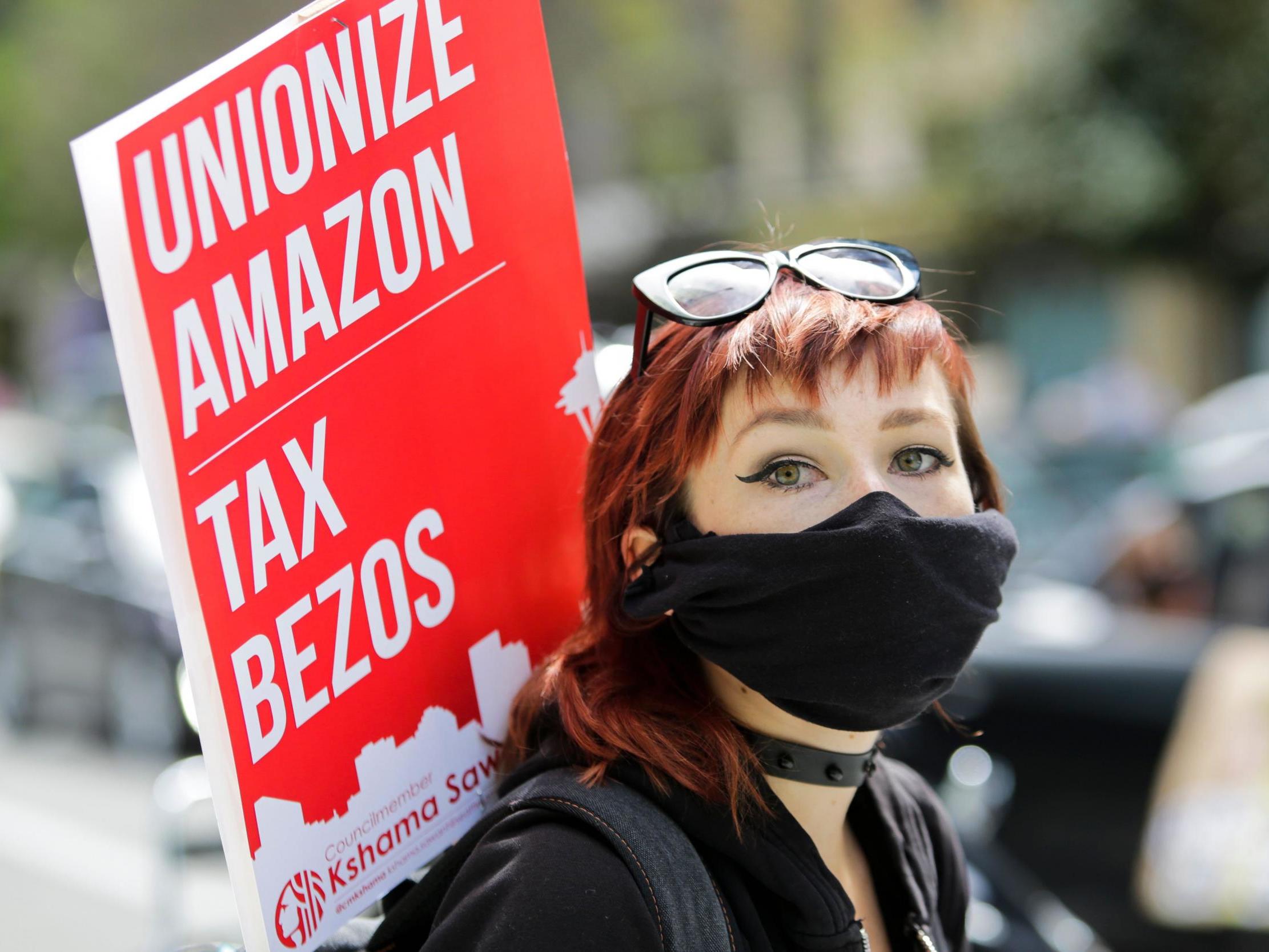 An Amazon employee protesting on Friday