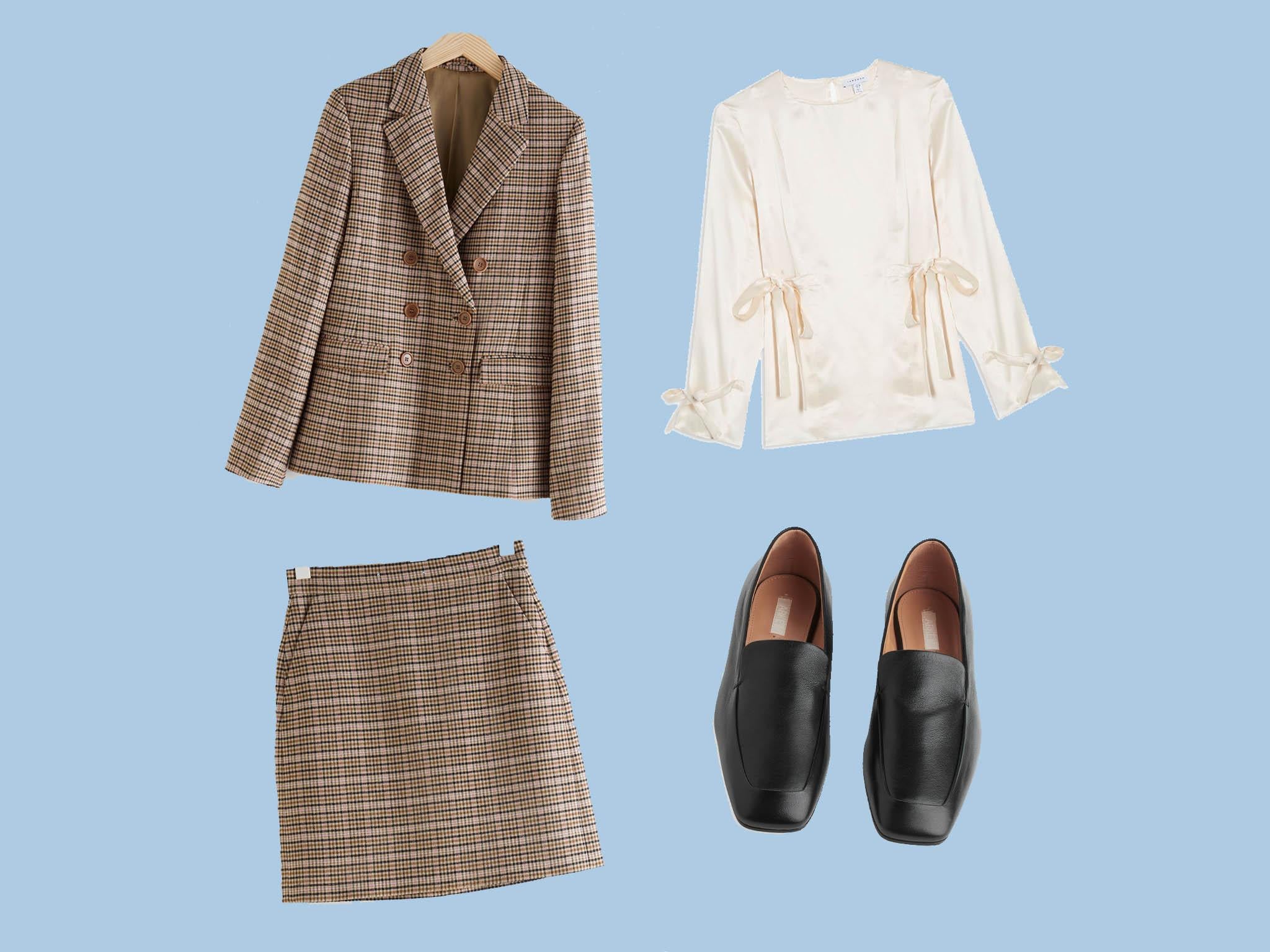 Wool Blend Plaid Blazer, £135, &amp; Other Stories; Mini Pencil Skirt, £55, &amp; Other Stories; Ivory Tie Side Top, £89, Topshop; Square Toe Leather Loafers, £135, Arket