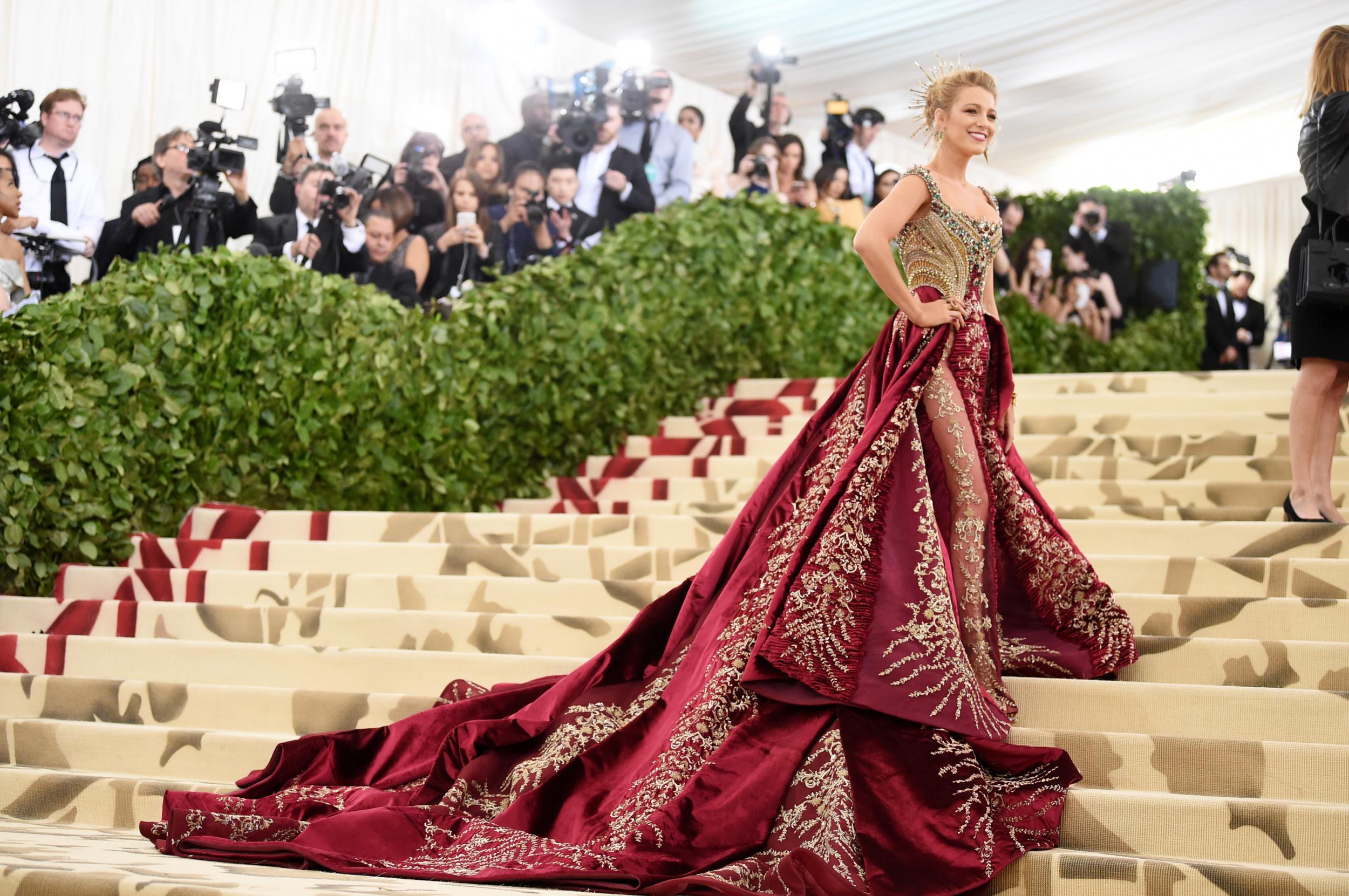 Lively wore a maroon gown for the 2018 Met Gala (Getty)