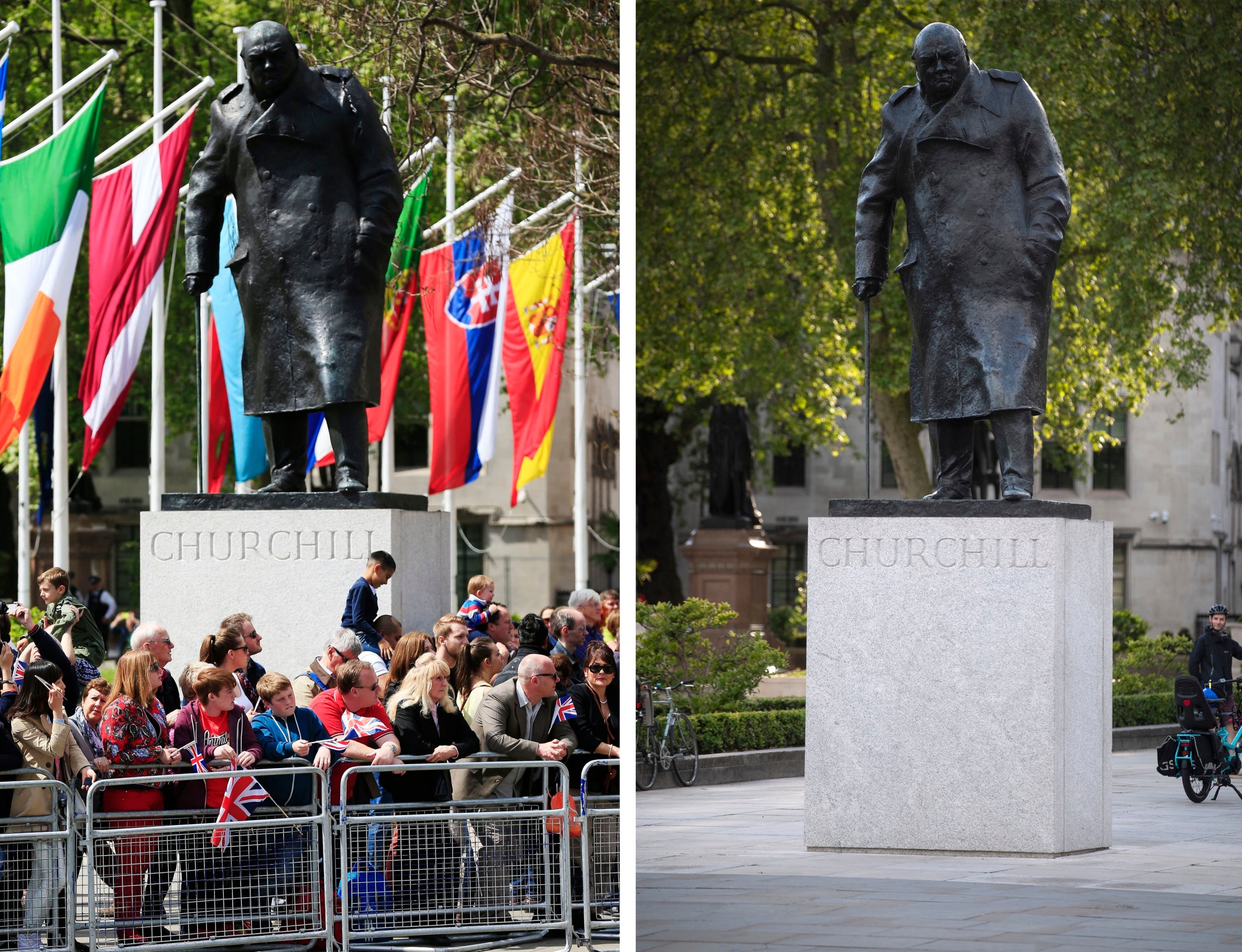 Members of the public standing in front of the statue of Sir Winston Churchill to watch the VE Day Parade to mark the 70th anniversary of VE Day in 2015, versus today