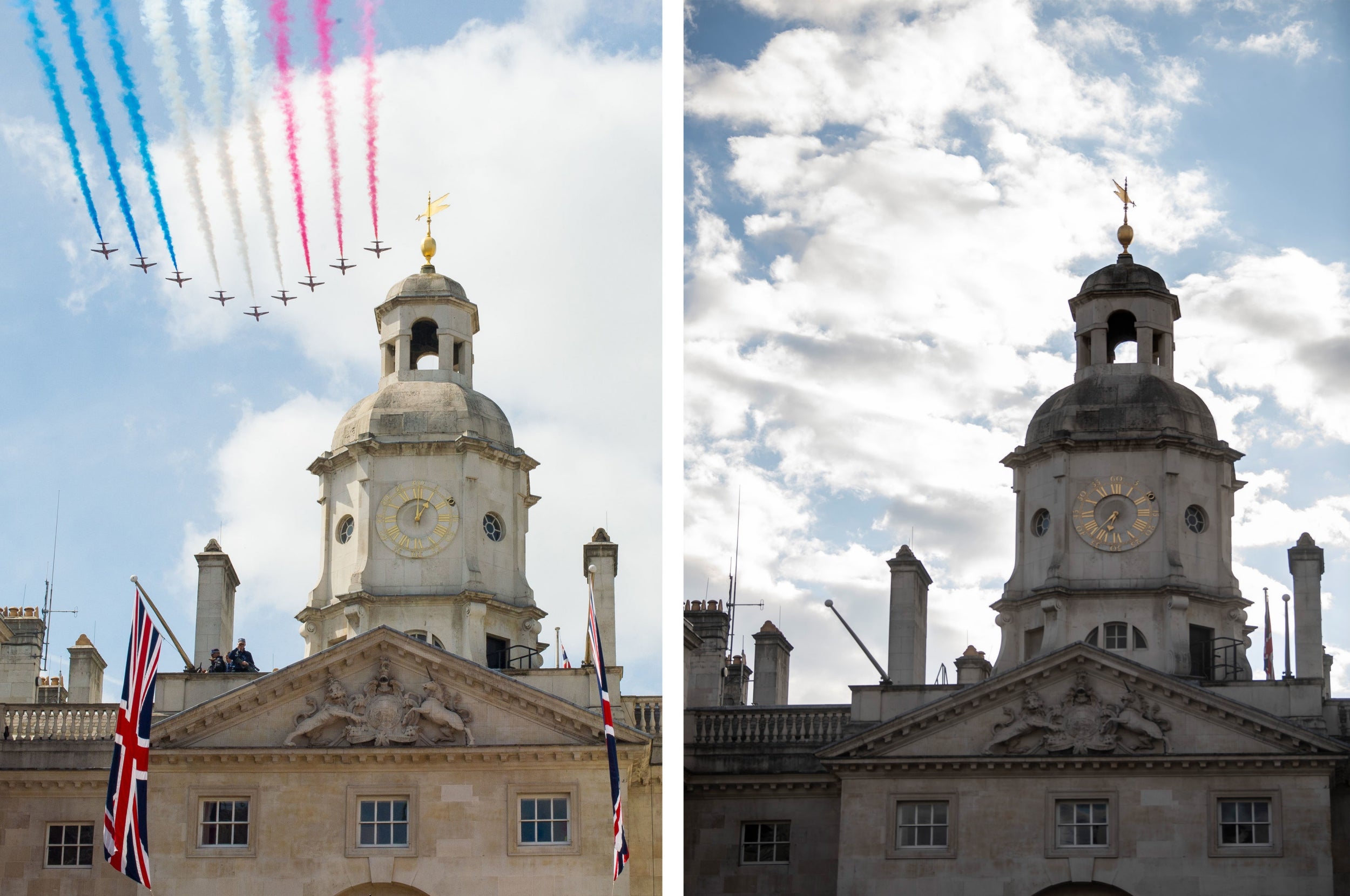 The Red Arrows flying over Horse Guards arch during the VE Day Parade in 2015, versus the current lockdown situation