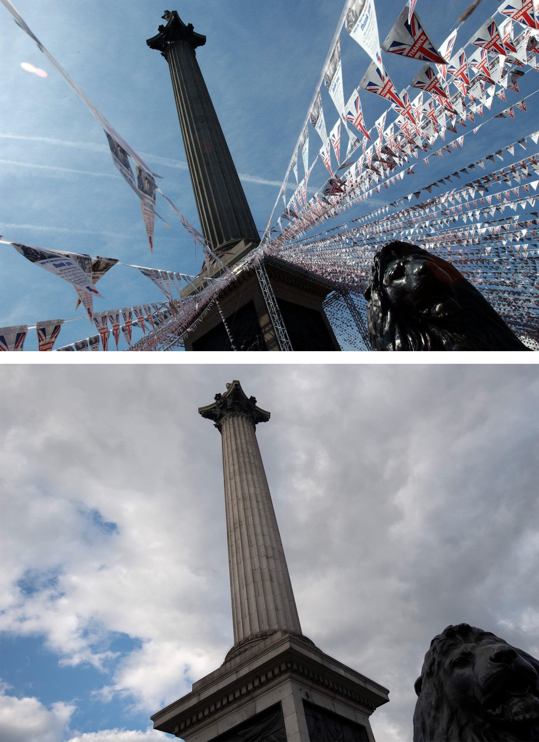 Nelson's Column in Trafalgar Square in London, decked out with V-shaped Union Jacks to mark the 60th Anniversary of VE Day in London, is much quieter this year