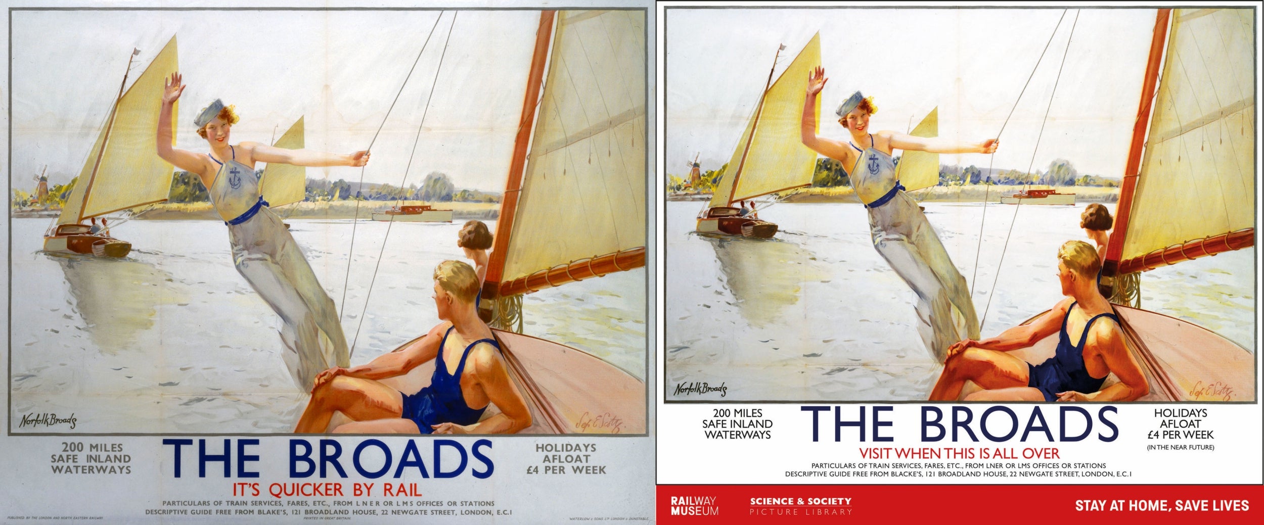 An original railway travel poster (left) with a reimagined poster (right) designed to show support for key workers, including those working in the rail industry