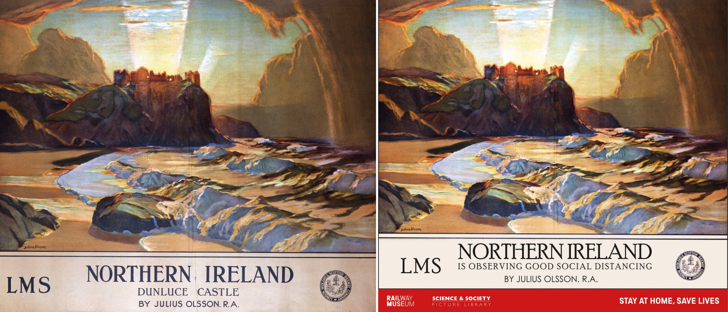 An original railway travel poster (left) with a reimagined poster (right) designed to show support for key workers, including those working in the rail industry