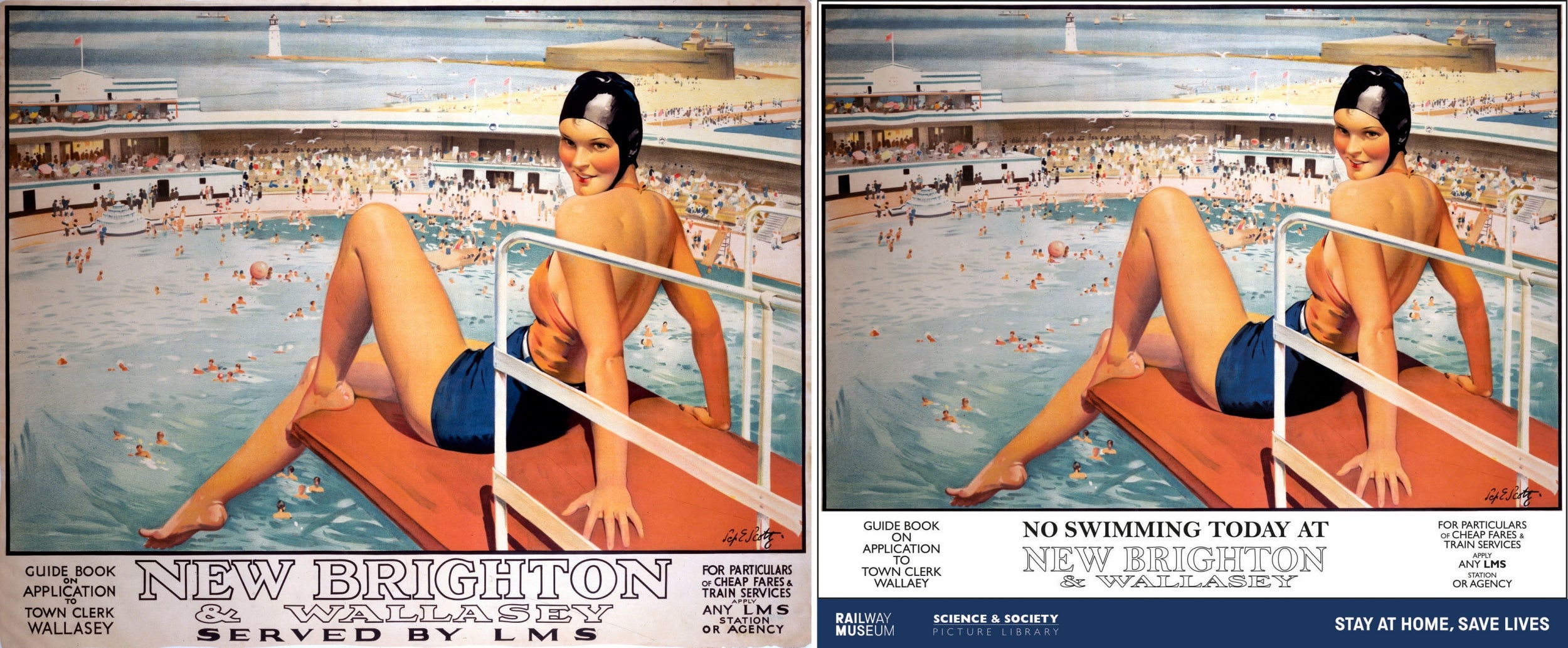 An original railway travel poster (left) with a reimagined poster (right) designed to show support for key workers, including those working in the rail industry