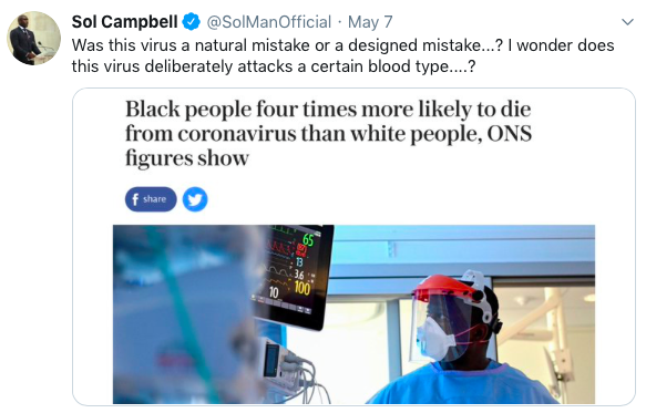 Sol Campbell shared a coronavirus conspiracy theory on Twitter