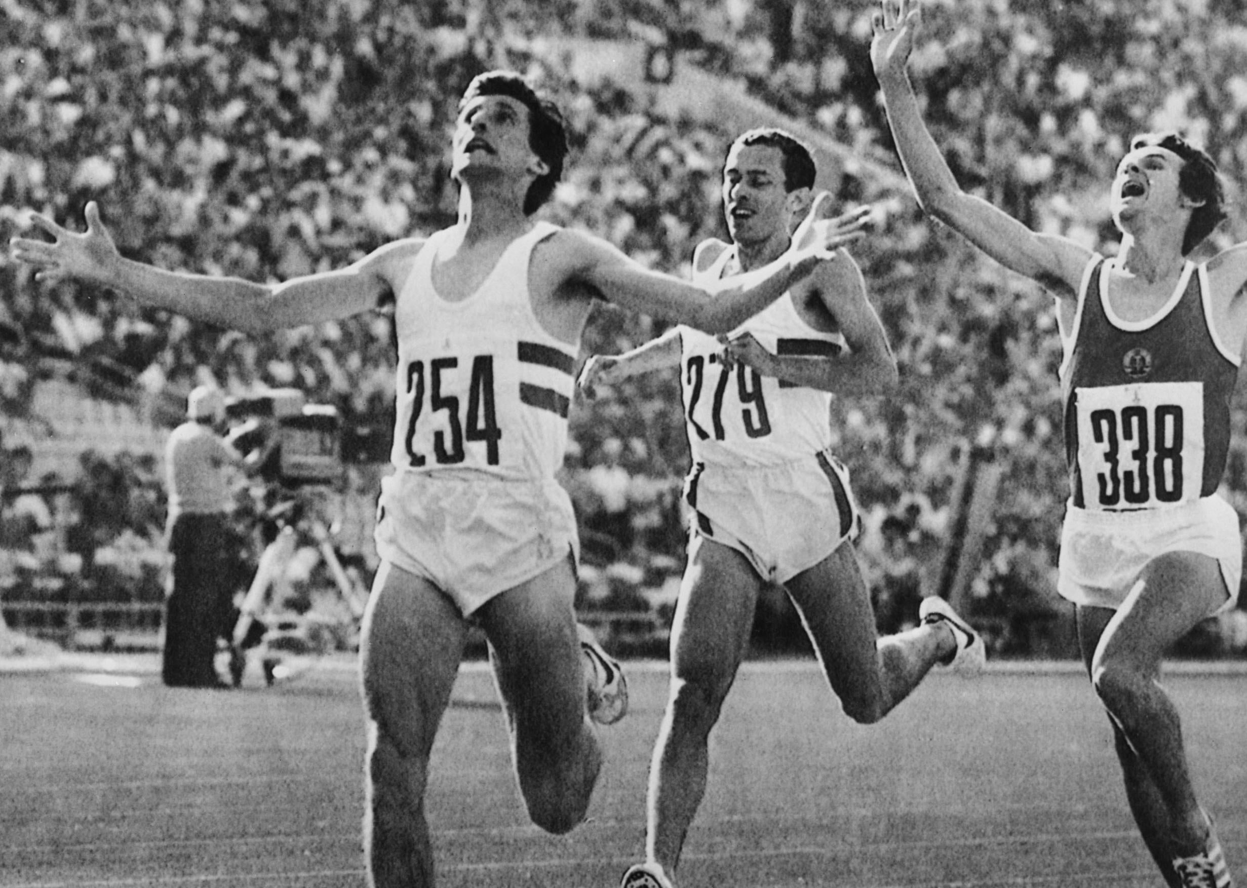 Sebastian Coe wins the 1500m final at the Moscow Olympics. Ovett took bronze