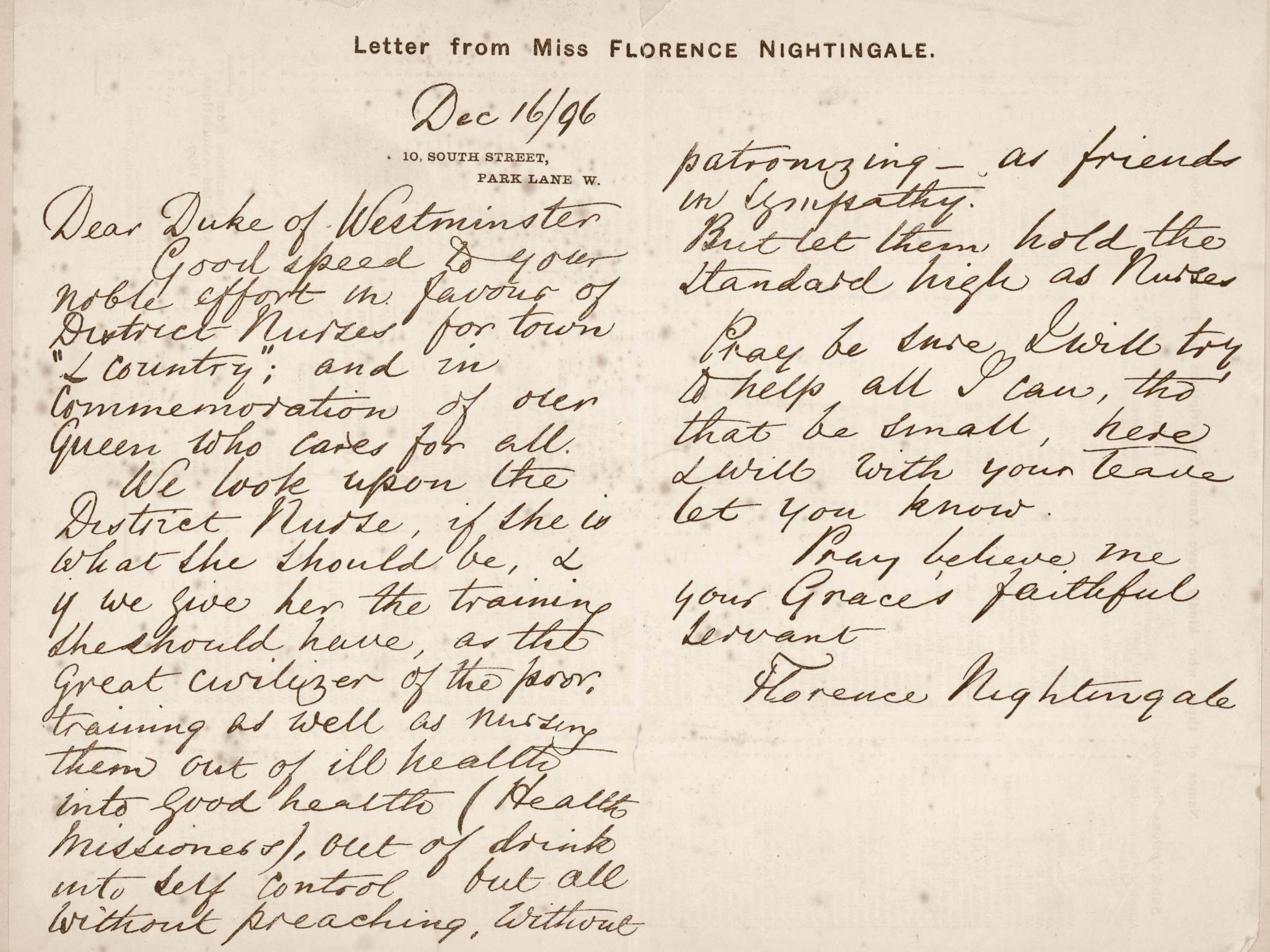 An 1896 letter from Florence Nightingale to the Duke of Westminster about her approach to health and the importance of district nurses